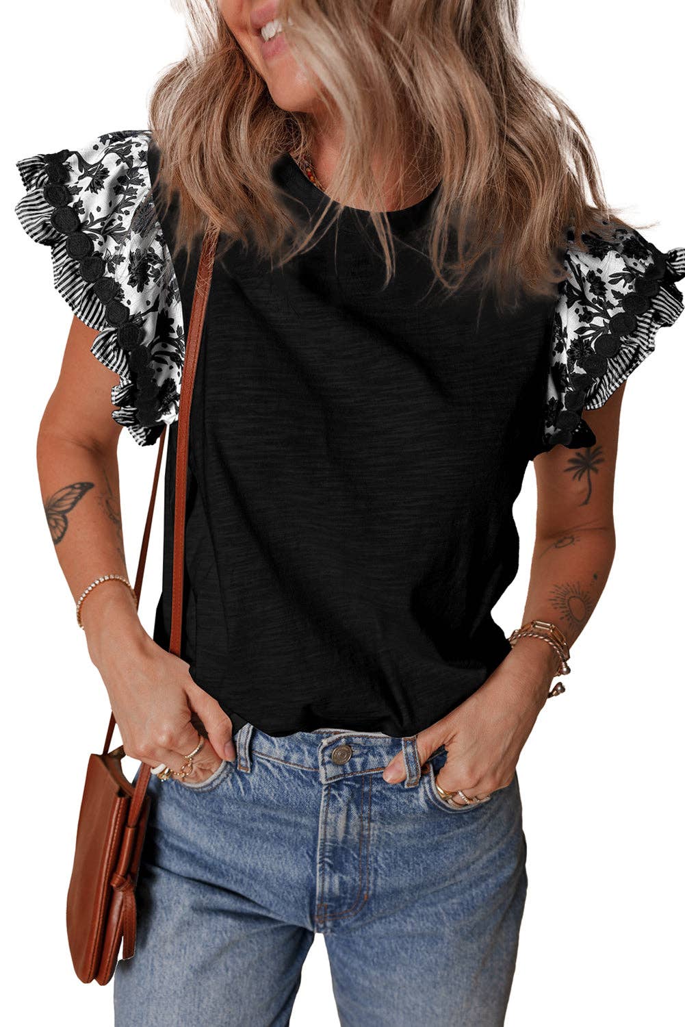 Floral Ric-Rac Flutter Sleeve Blouse