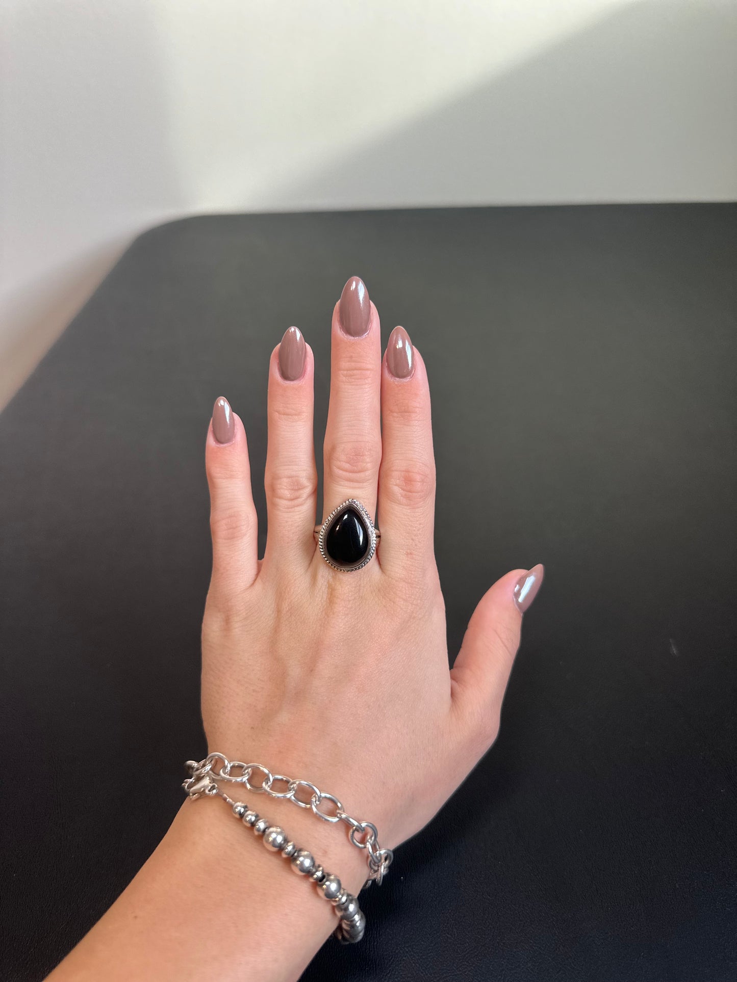 Pear shaped black onyx ring