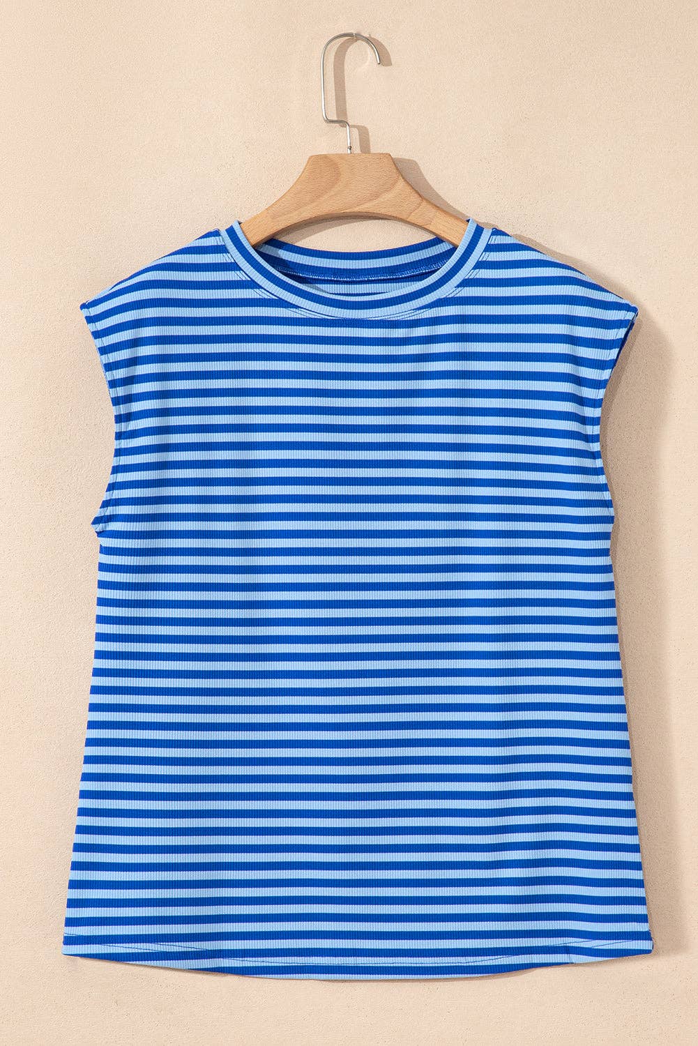 Stripe Ribbed Cap Sleeve Summer T-Shirt