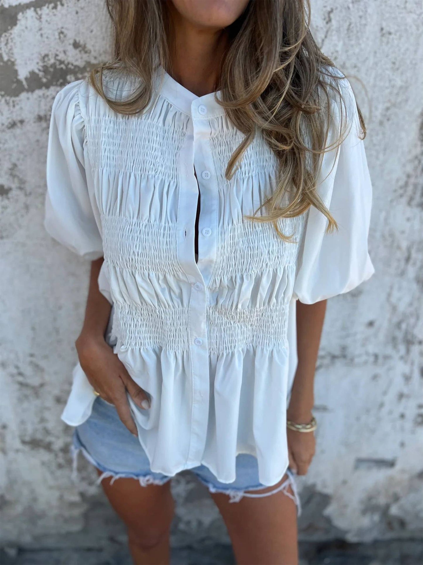 Solid Color Round Neck Button Up Shirt