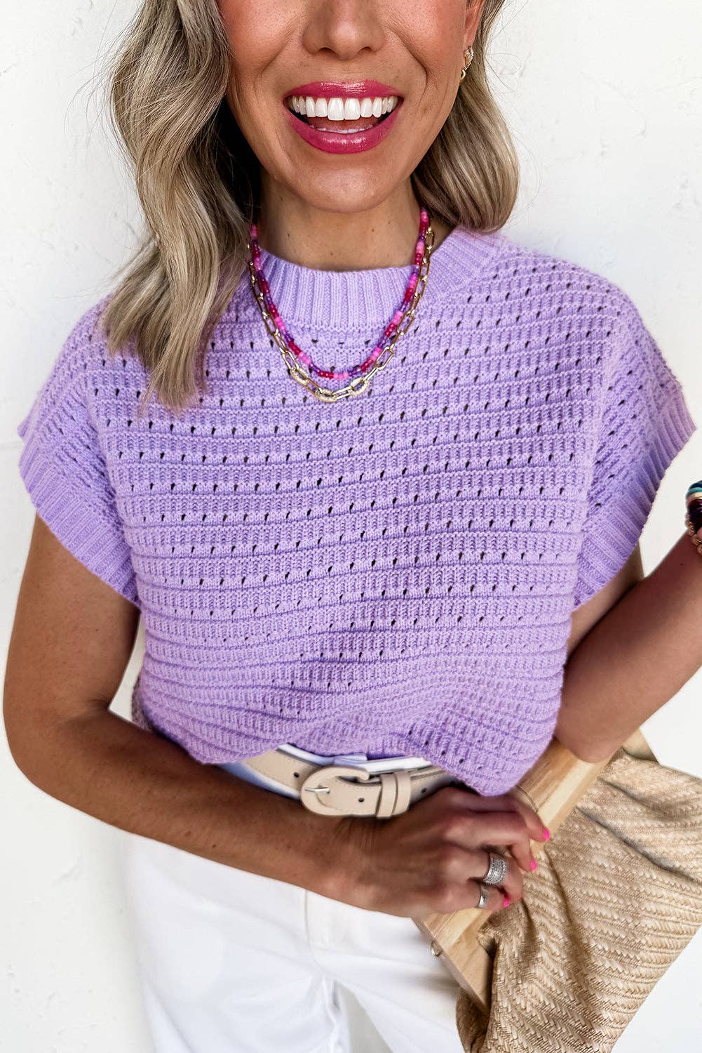 Pointelle Knit Short Sleeve Summer Sweater