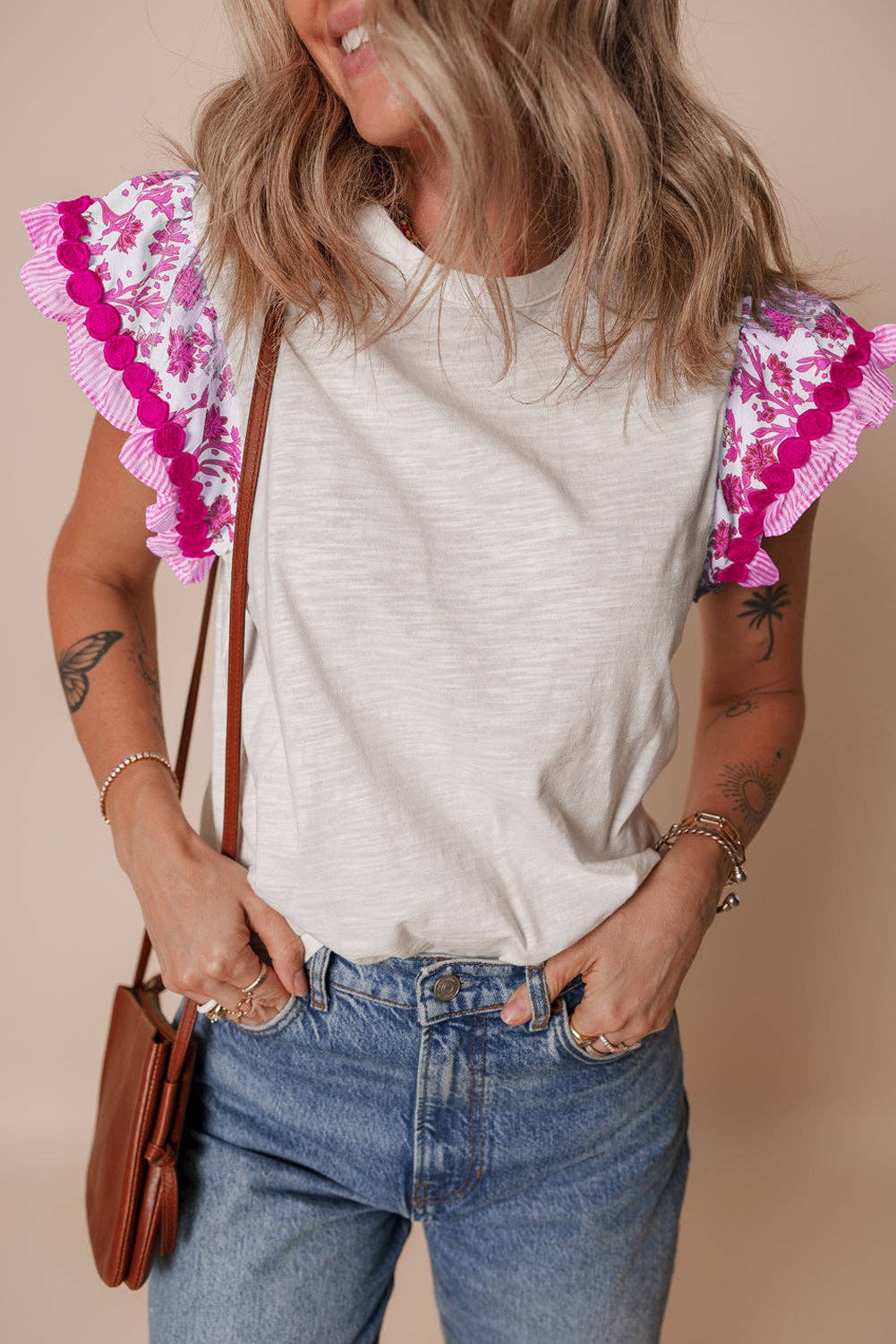 Floral Ric-Rac Flutter Sleeve Blouse