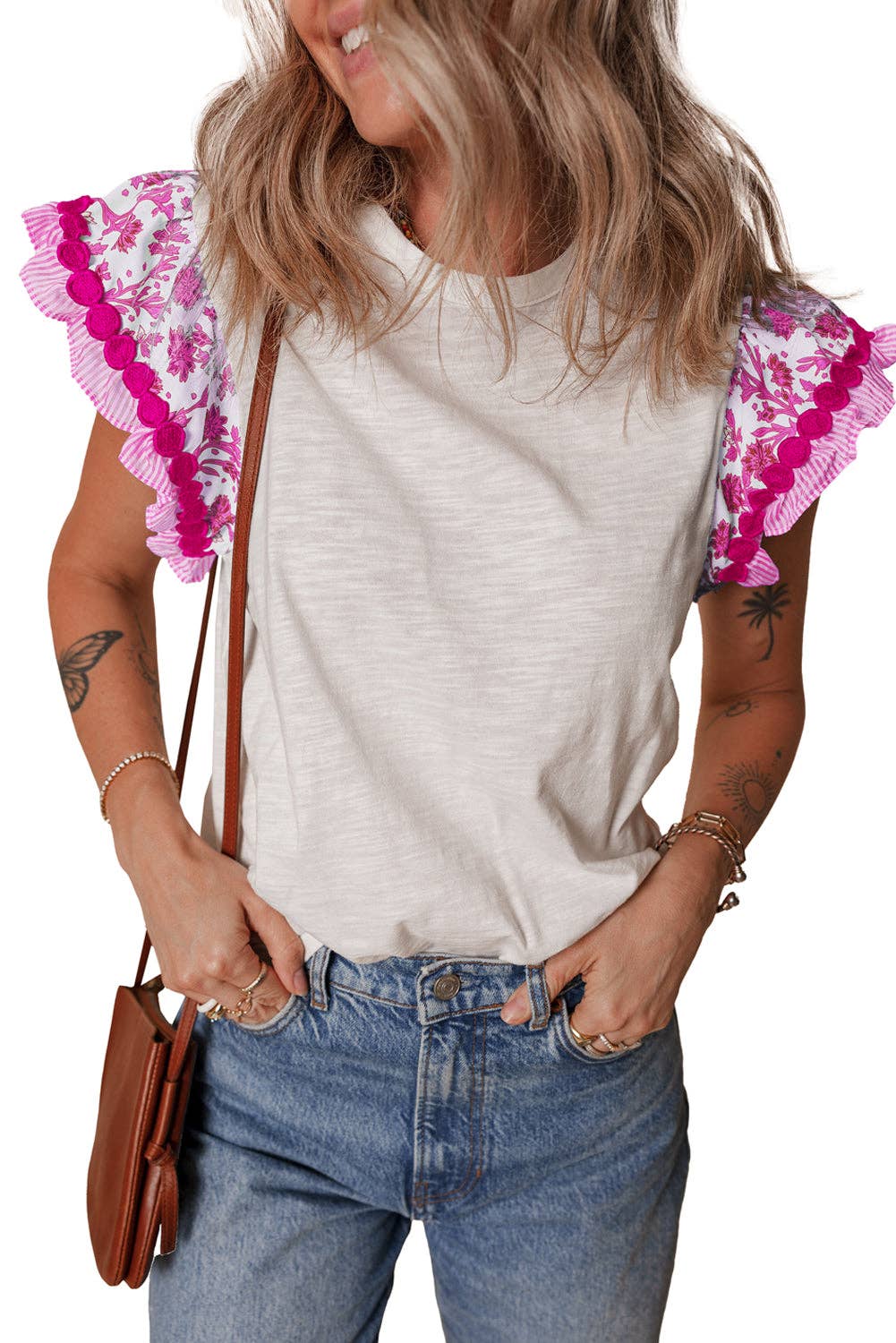 Floral Ric-Rac Flutter Sleeve Blouse