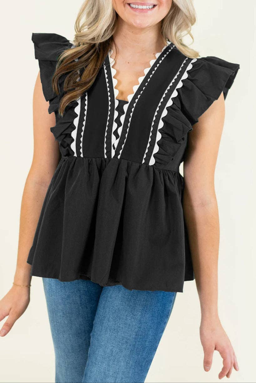 Ricrac Ruffle V-Neck Peplum Summer Top