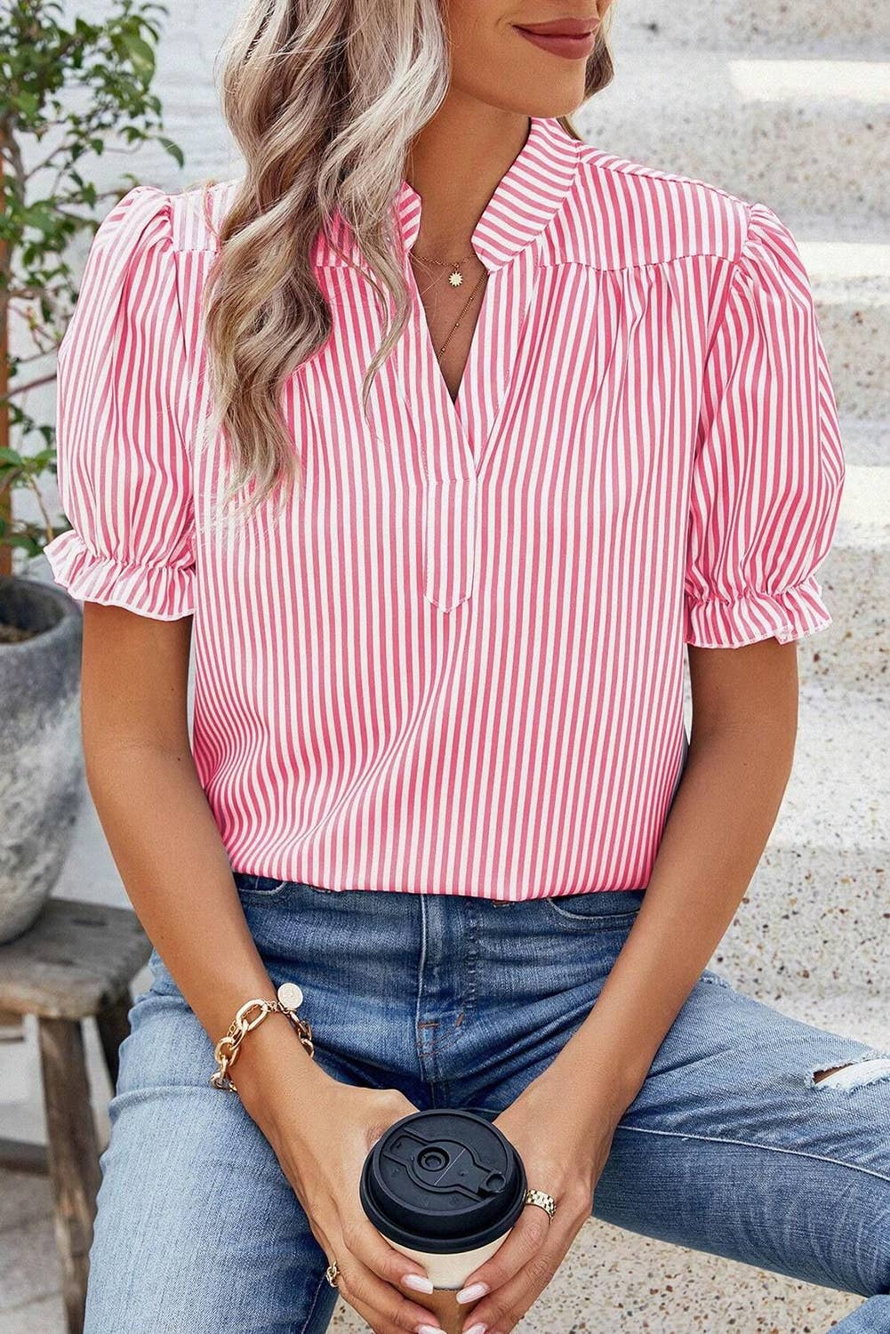 Stripe Puff Sleeve Summer Blouse