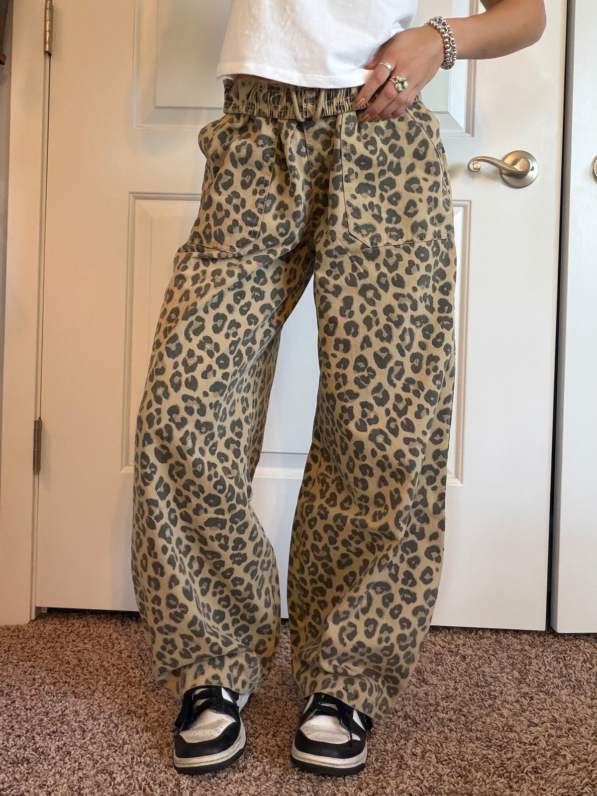 Leopard print drawstring barrel jeans