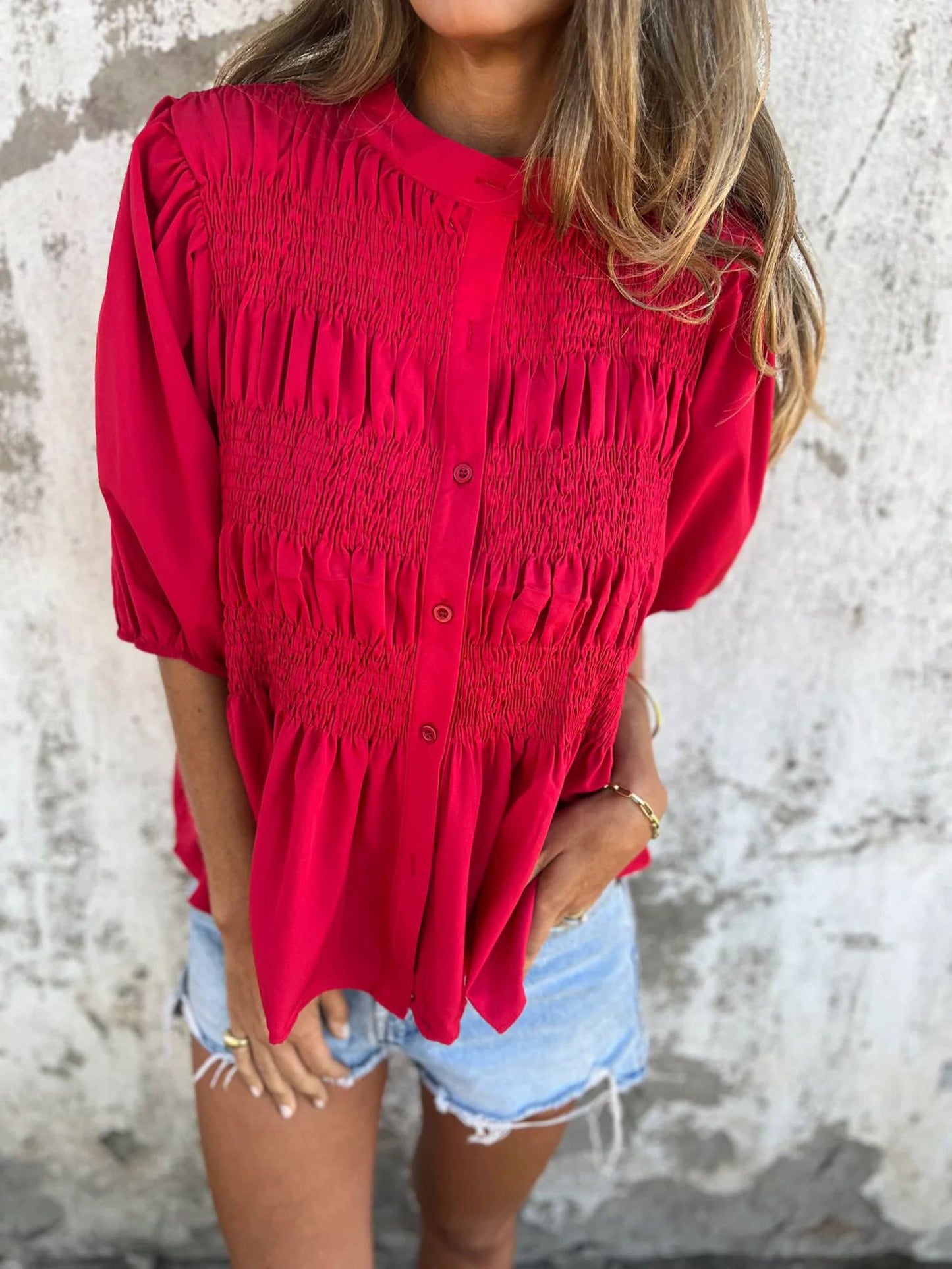 Solid Color Round Neck Button Up Shirt