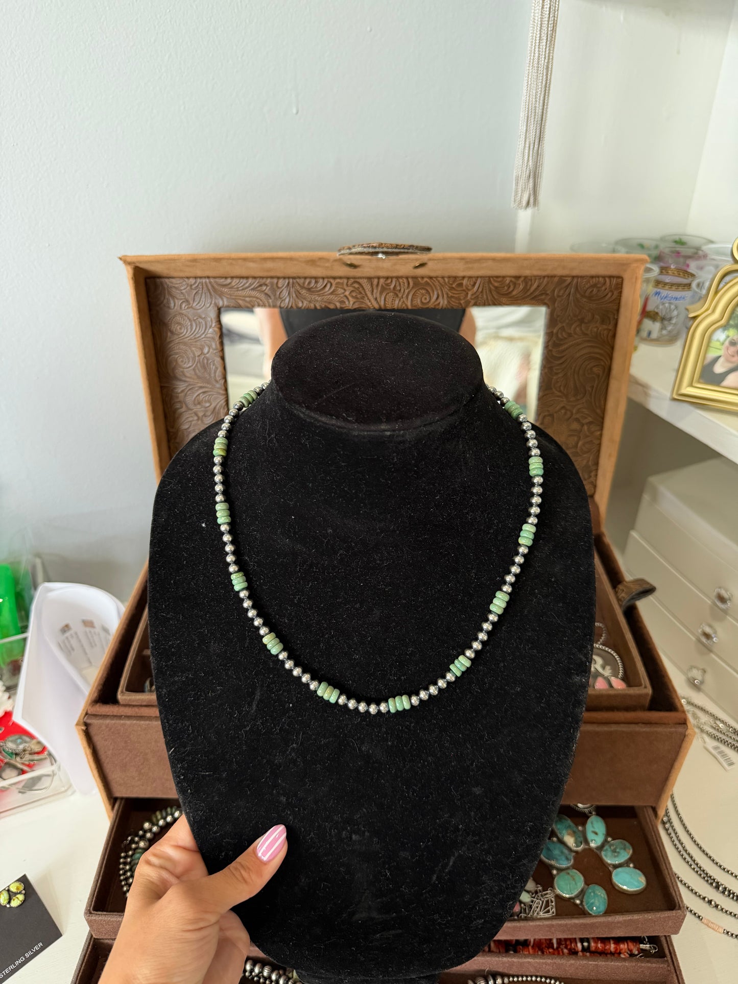 Green turquoise and 5mm Navajo pearl necklace