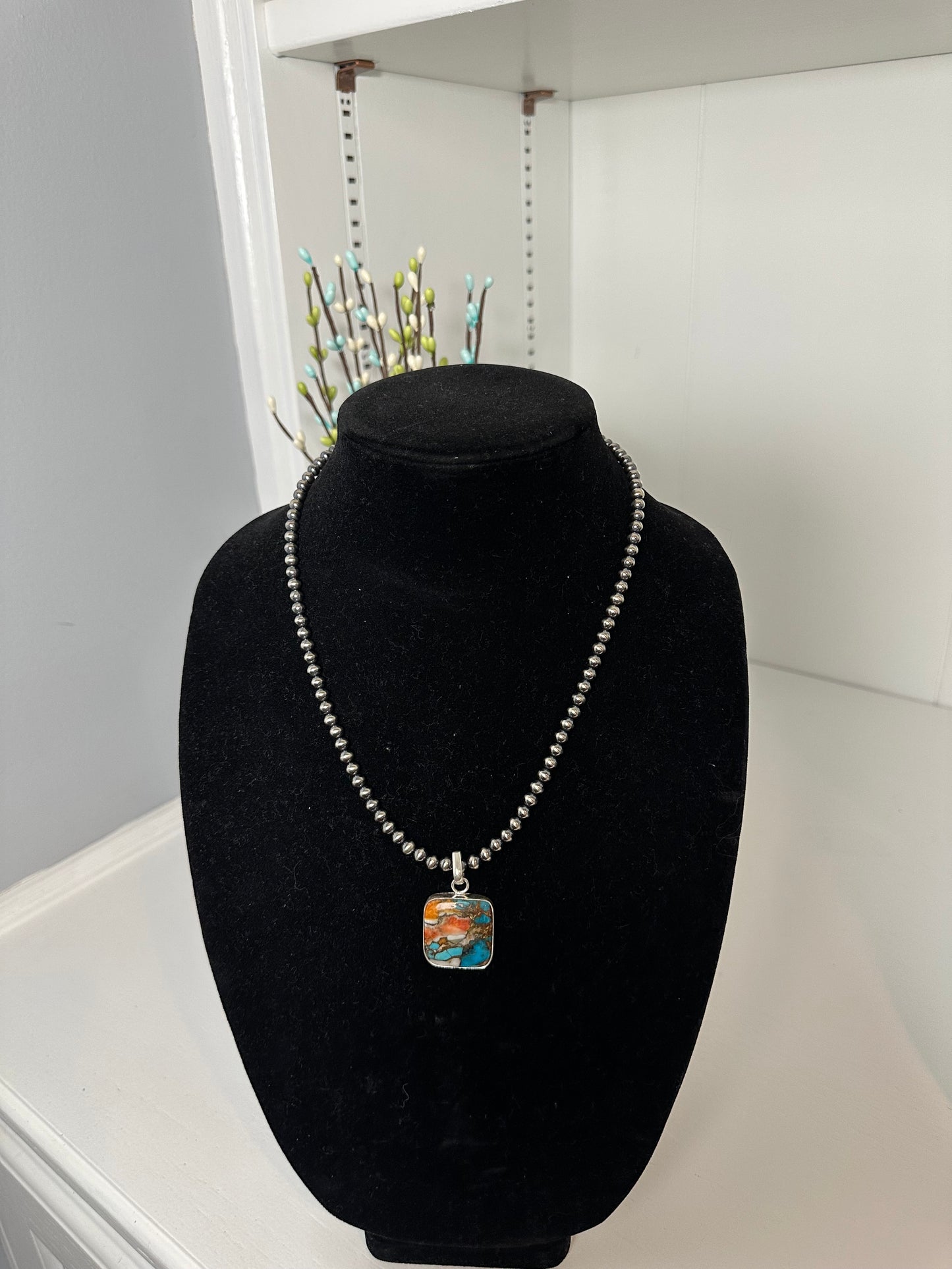 Square Kingman turquoise and spiny oyster pendant
