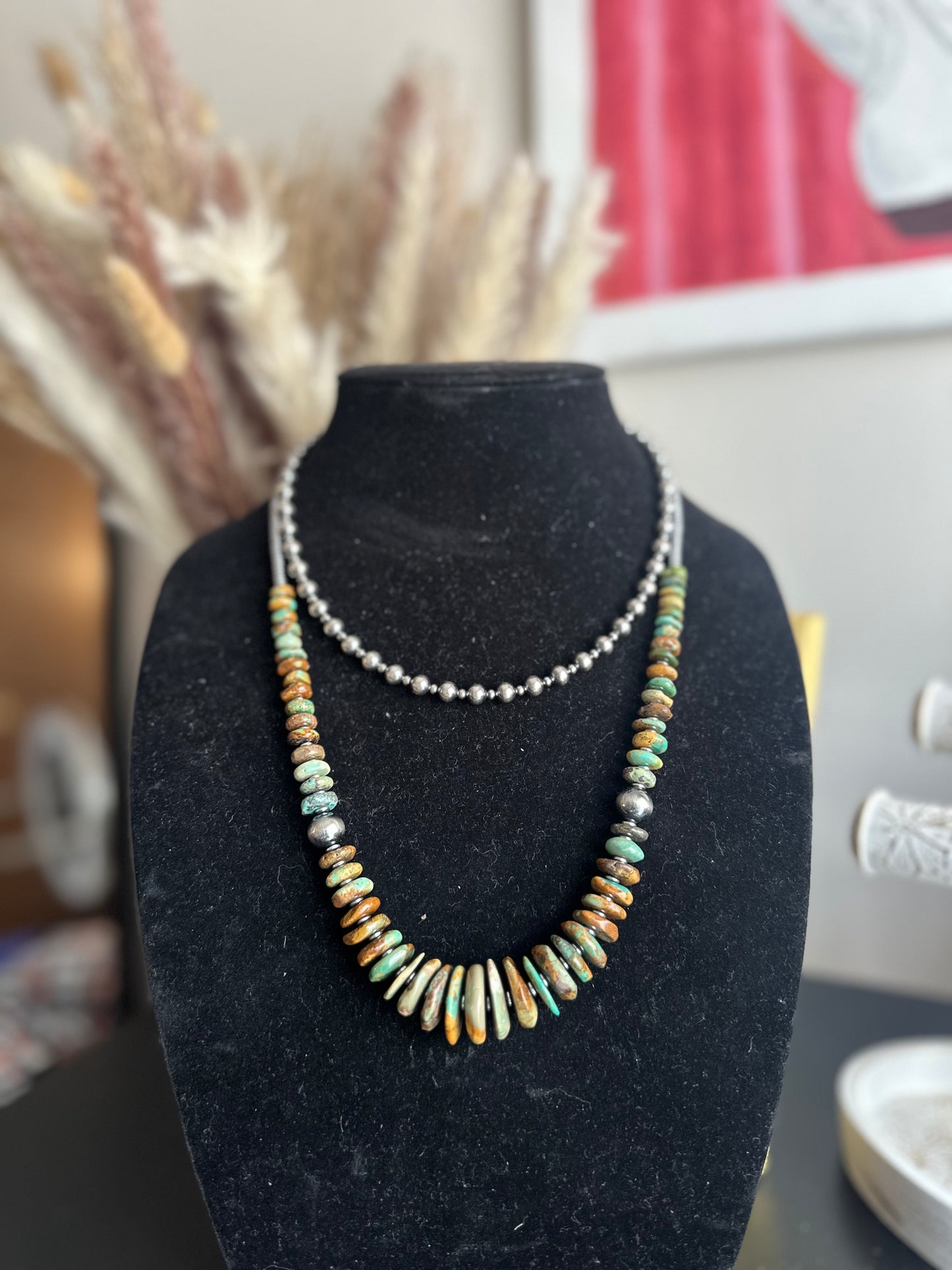 Graduated turquoise w/ Navajo pearls necklace 