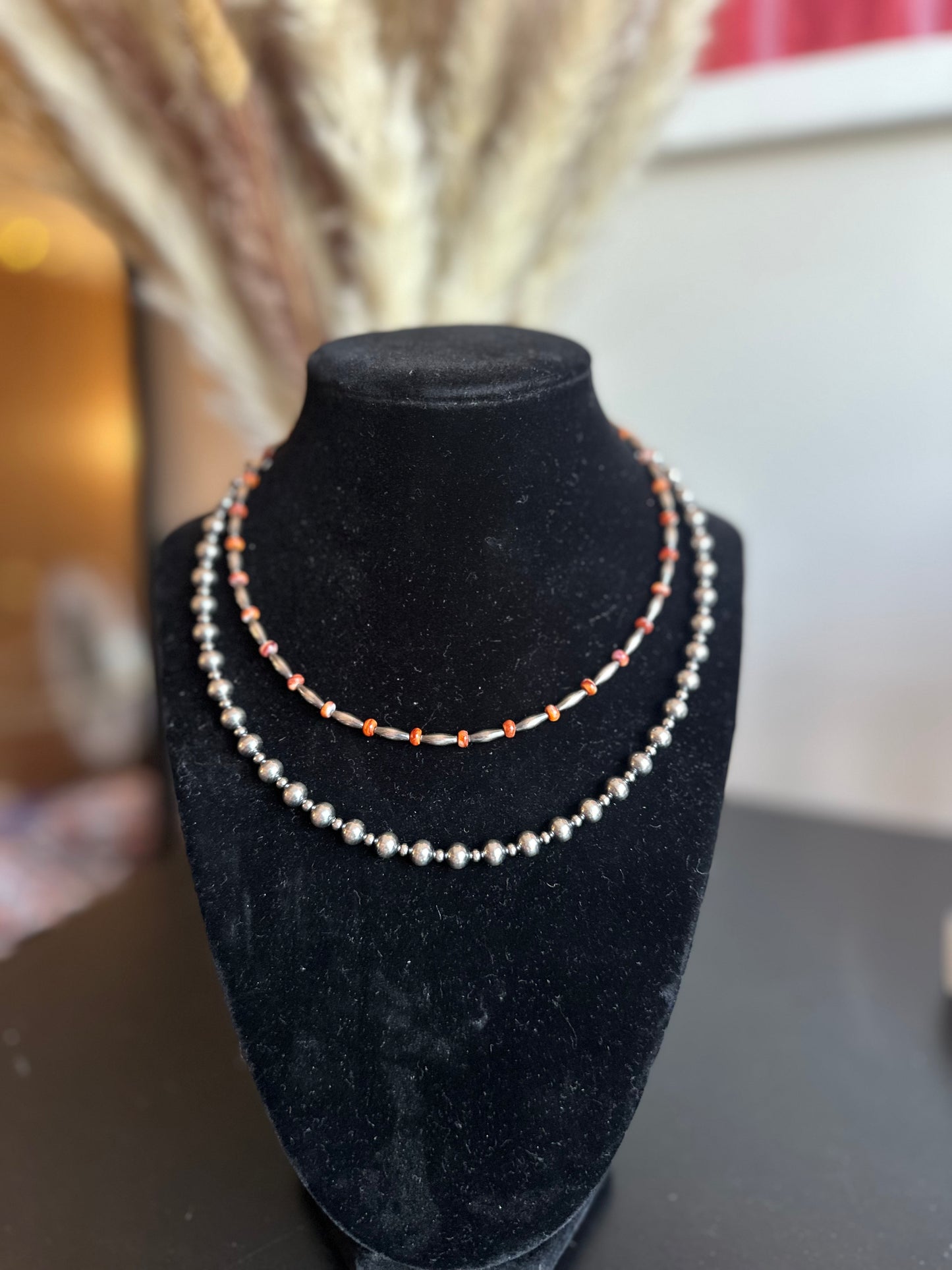 Torpedo and orange spiny Navajo pearl necklace
