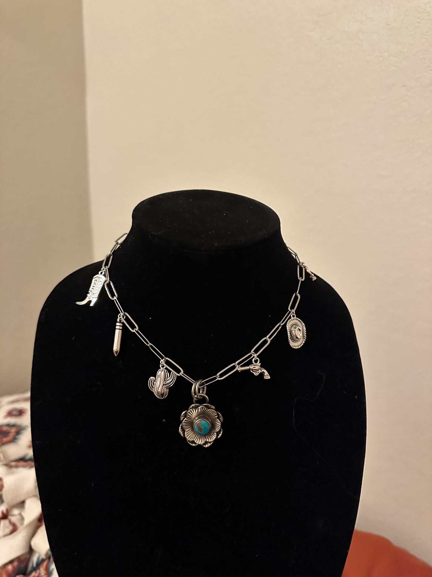 Charm necklace with flower turquoise pendant