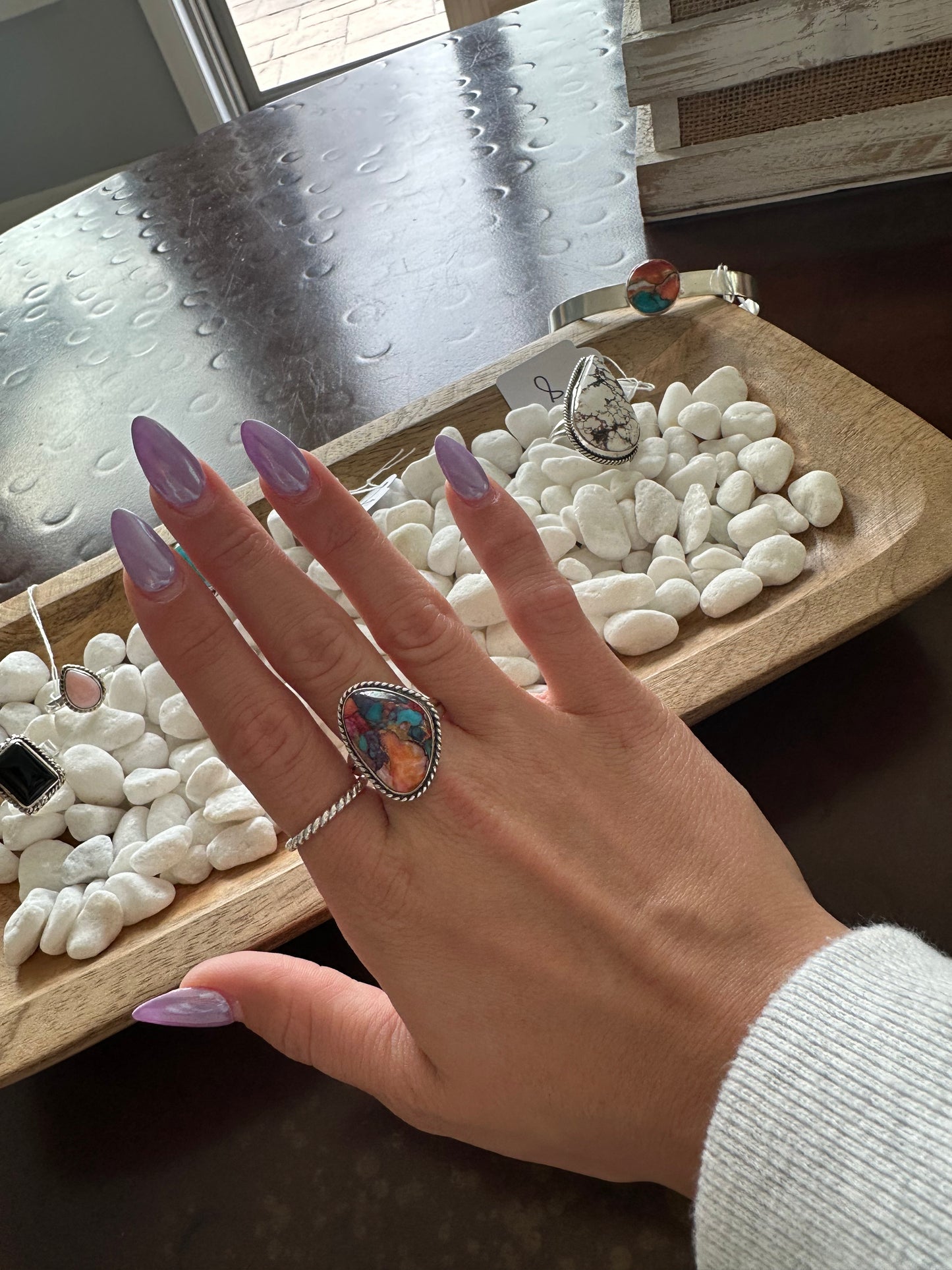 Pink oyster and turquoise ring