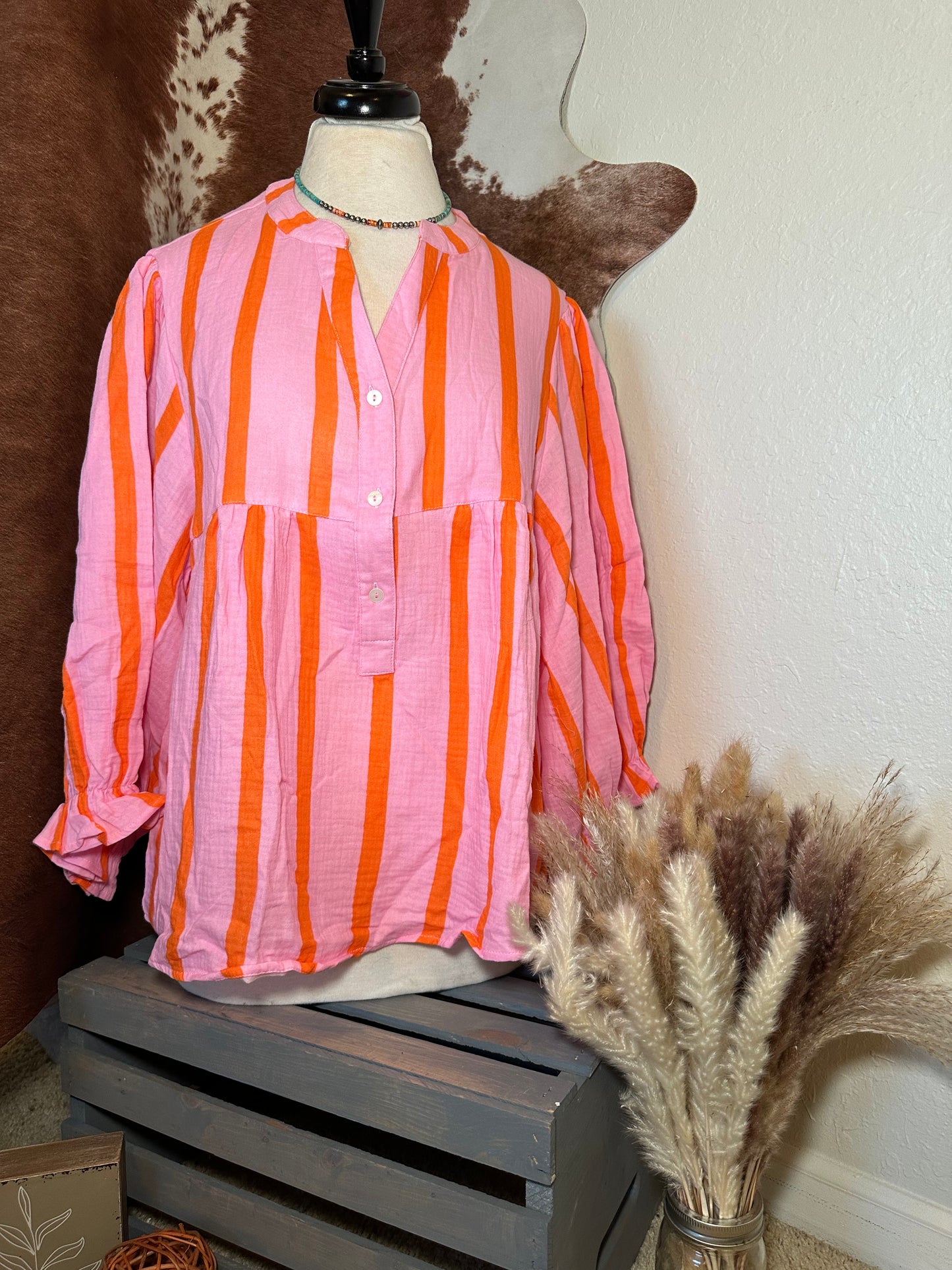 Orange and pink long sleeve blouse