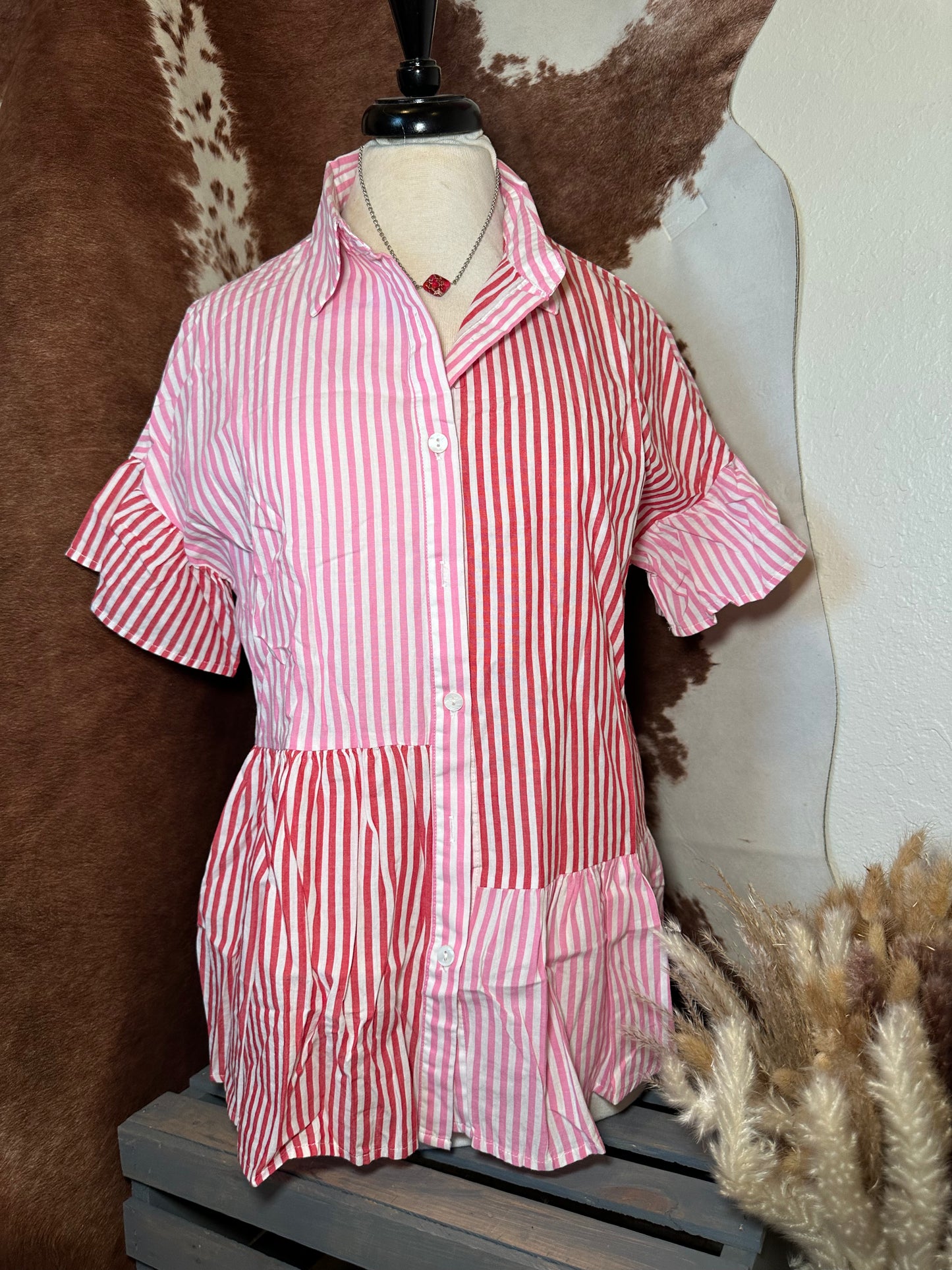 Striped patchwork ruffled hem button up