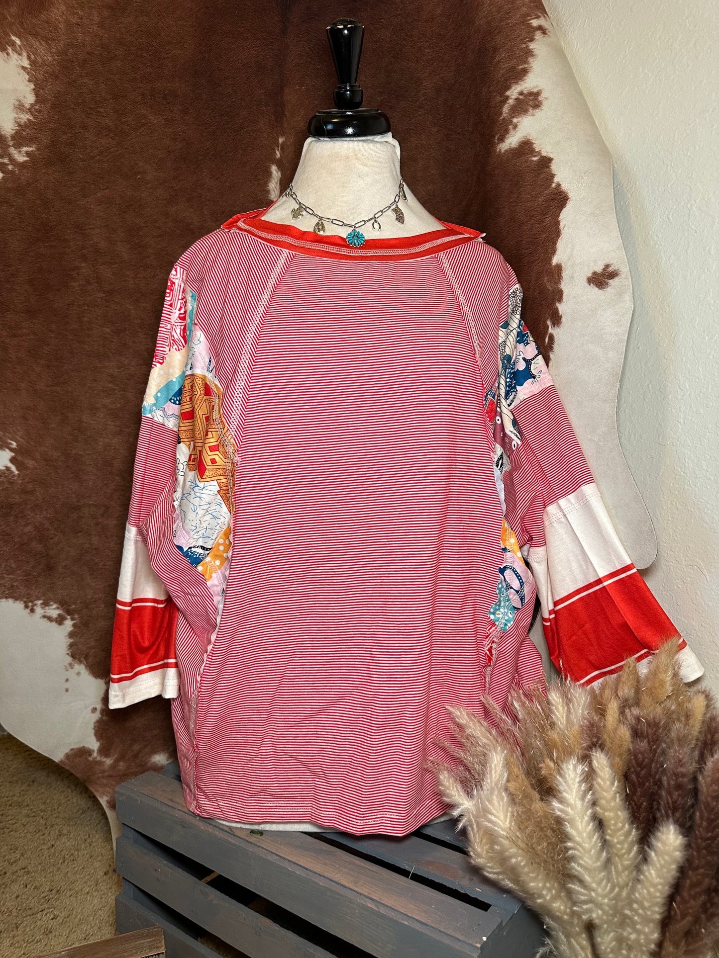 Striped colorblock statement patch pullover shirt