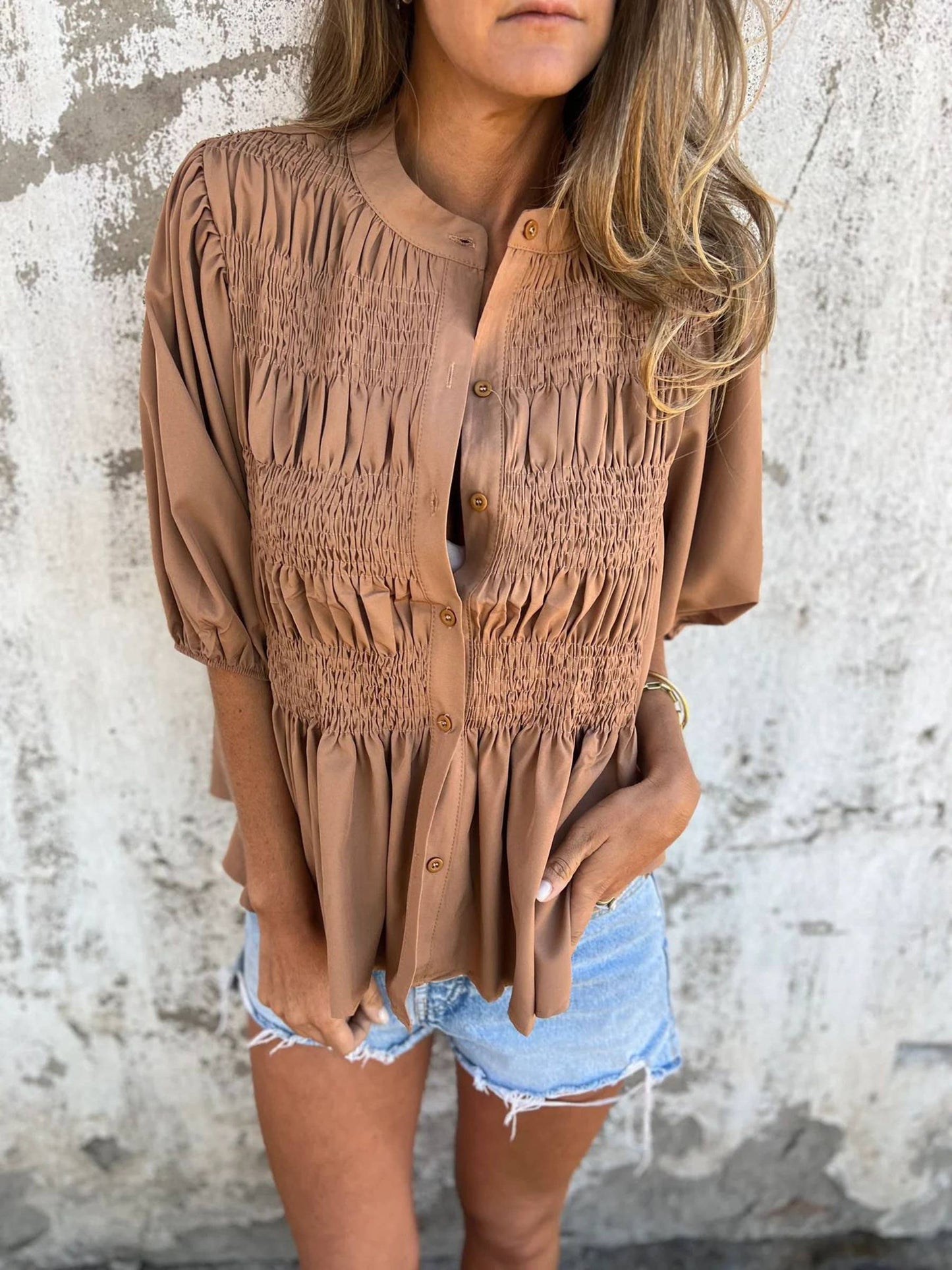 Solid Color Round Neck Button Up Shirt