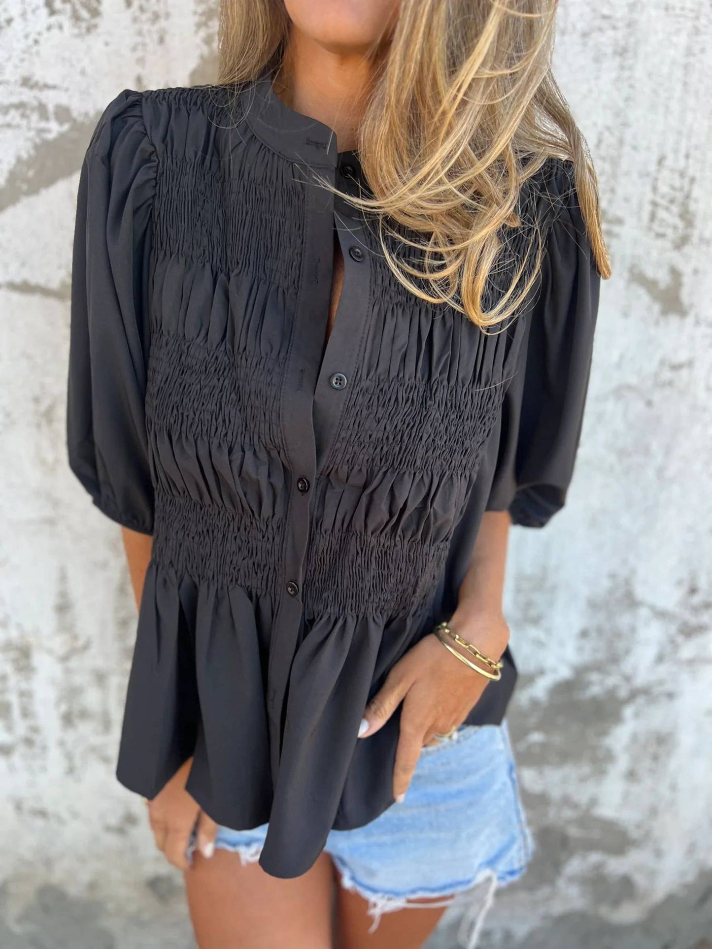 Solid Color Round Neck Button Up Shirt