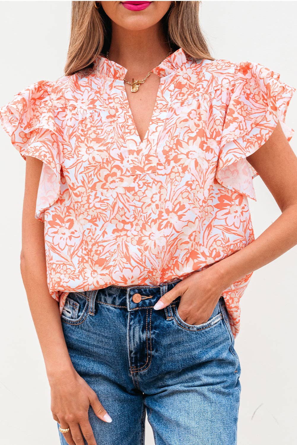 Floral Ruffle Sleeve Summer Blouse