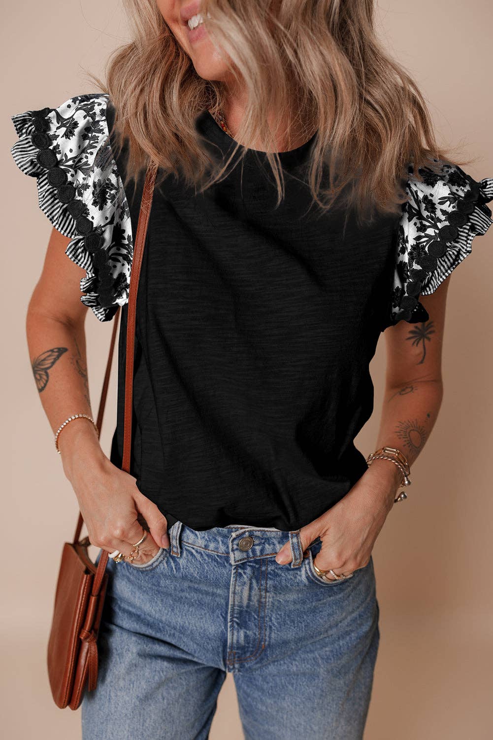 Floral Ric-Rac Flutter Sleeve Blouse