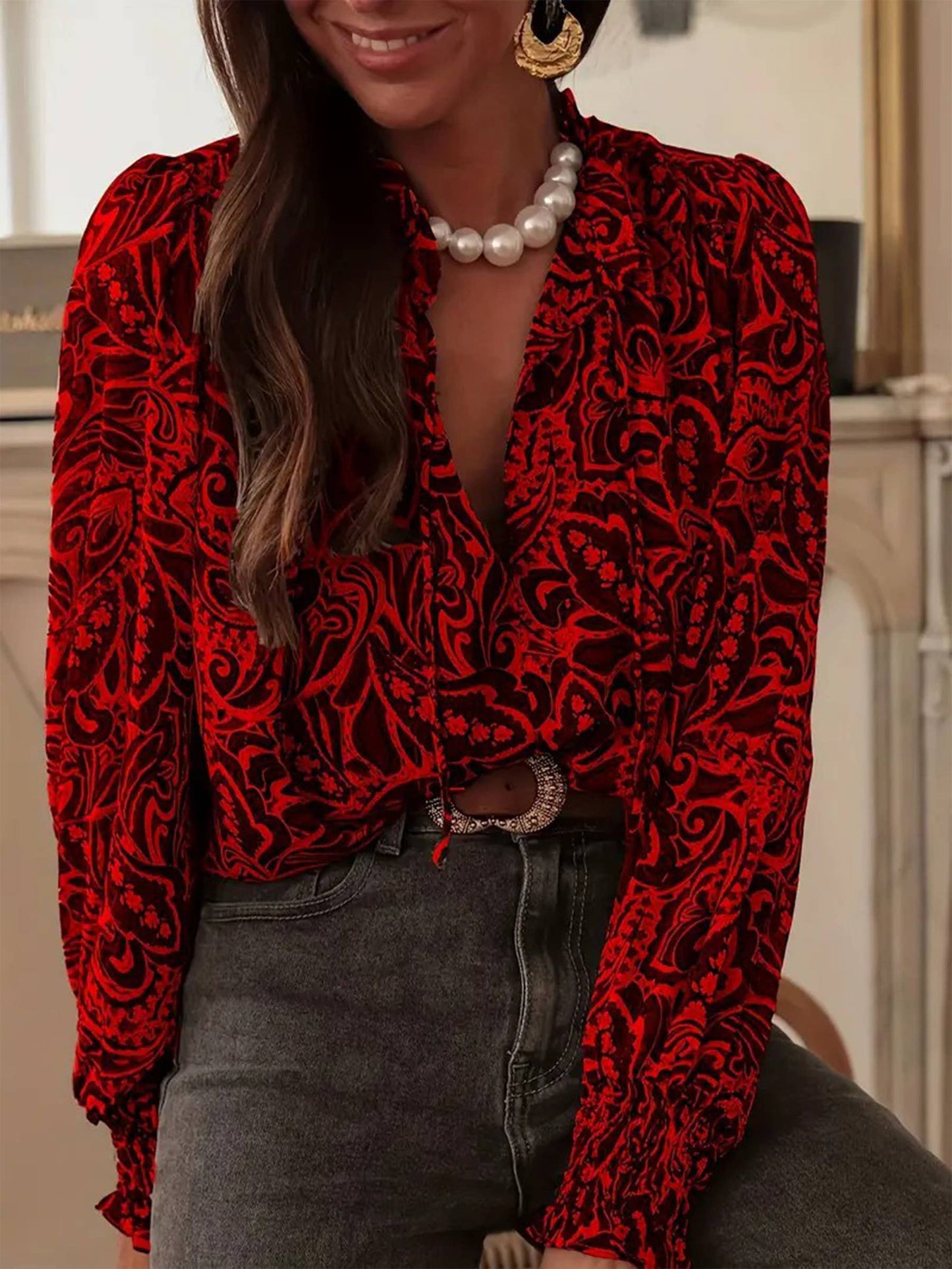 Printed Long Sleeved Loose Shirt
