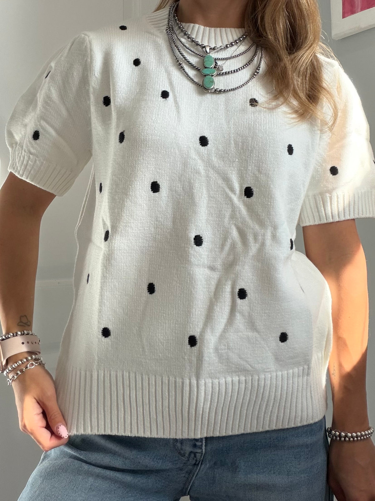 Polka Dot Bubble Short Sleeve Sweater