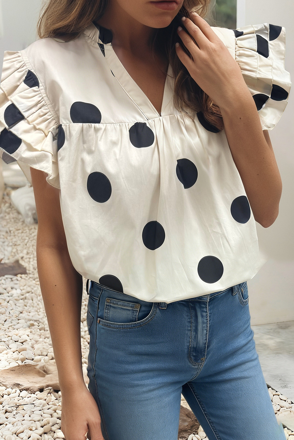 Polka Dot Ruffle Sleeve Blouse