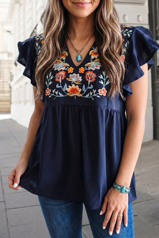 Floral Embroidered Detail Babydoll Blouse