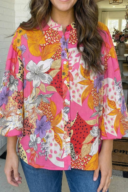 Floral Print Buttoned Ruffled Bubble Sleeve Shirt