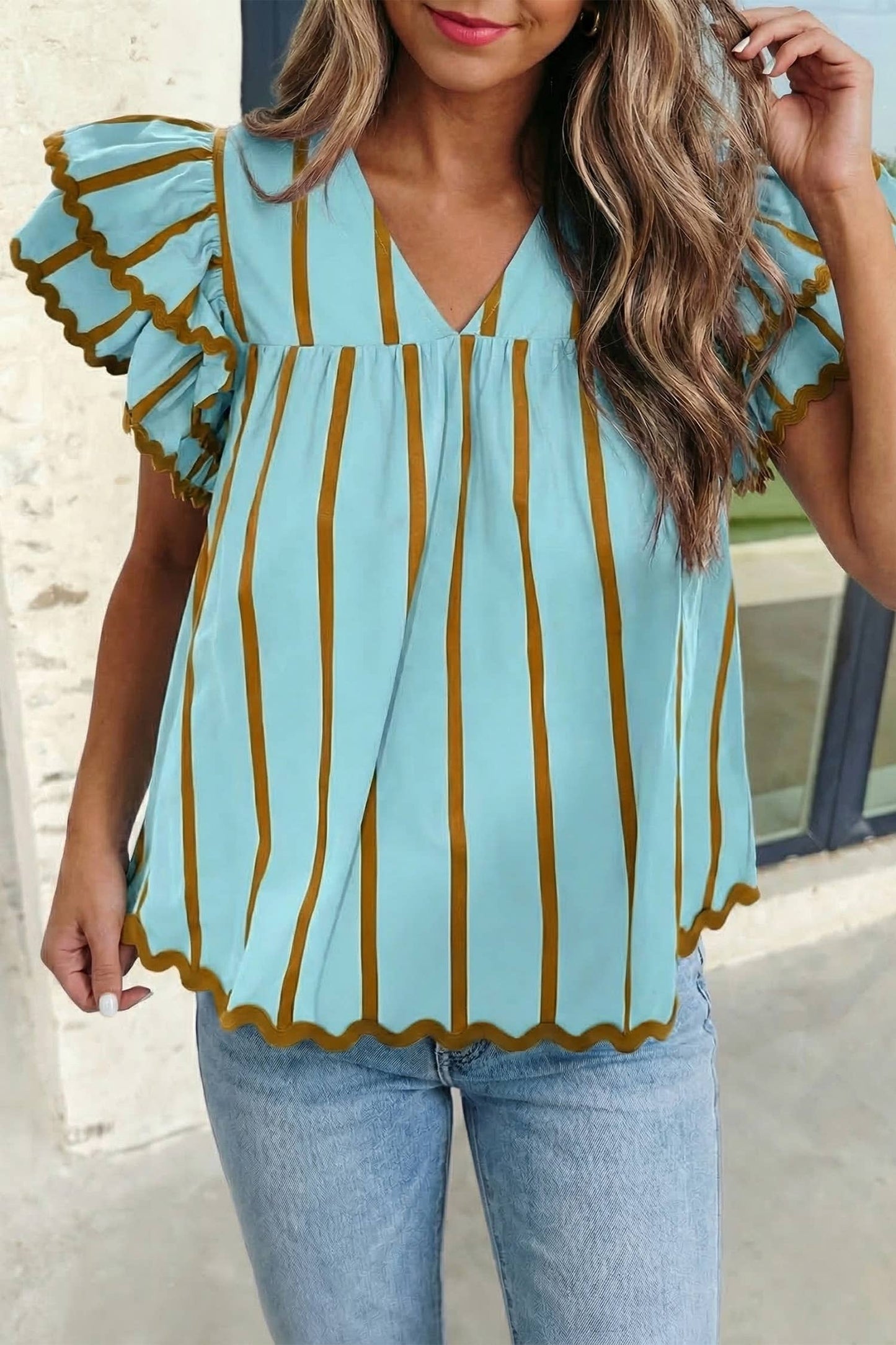 Stripe Trim Ruffle V Neck Blouse