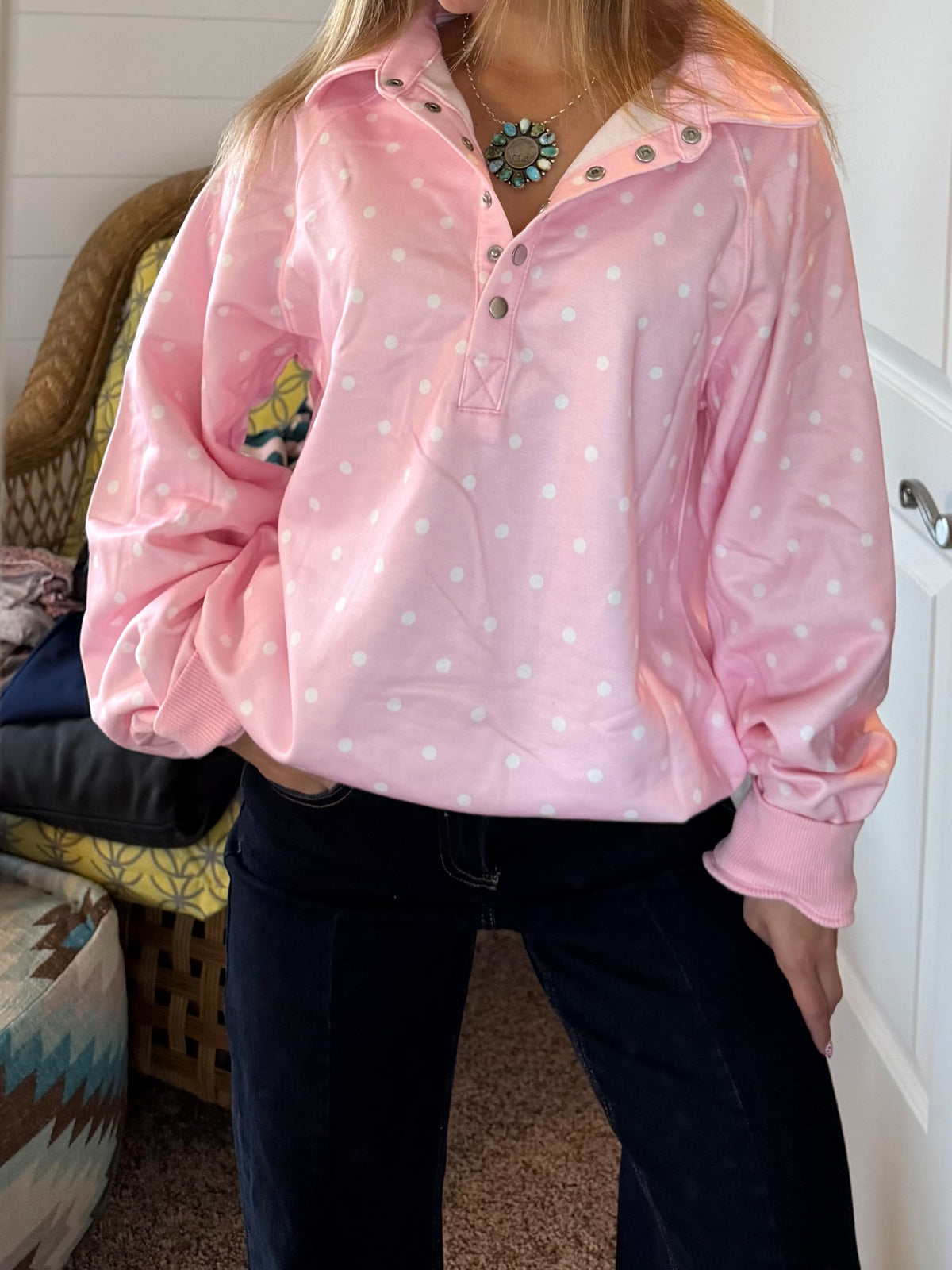 Pink polka dot mock neck sweatshirt