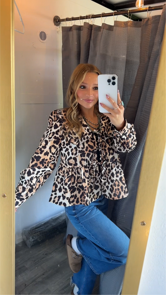 Leopard Print Tie-Front Blouse with Peter Pan Collar