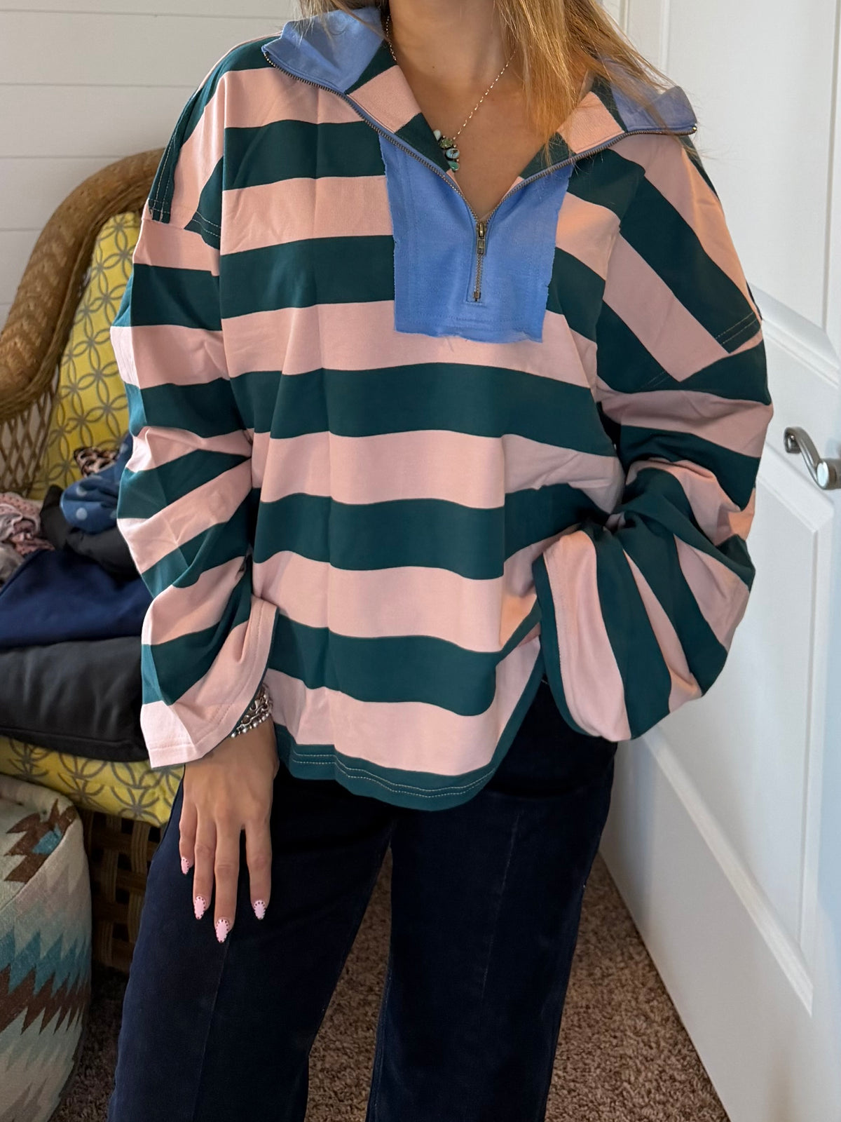 Green and pink Striped Quarter-Zip