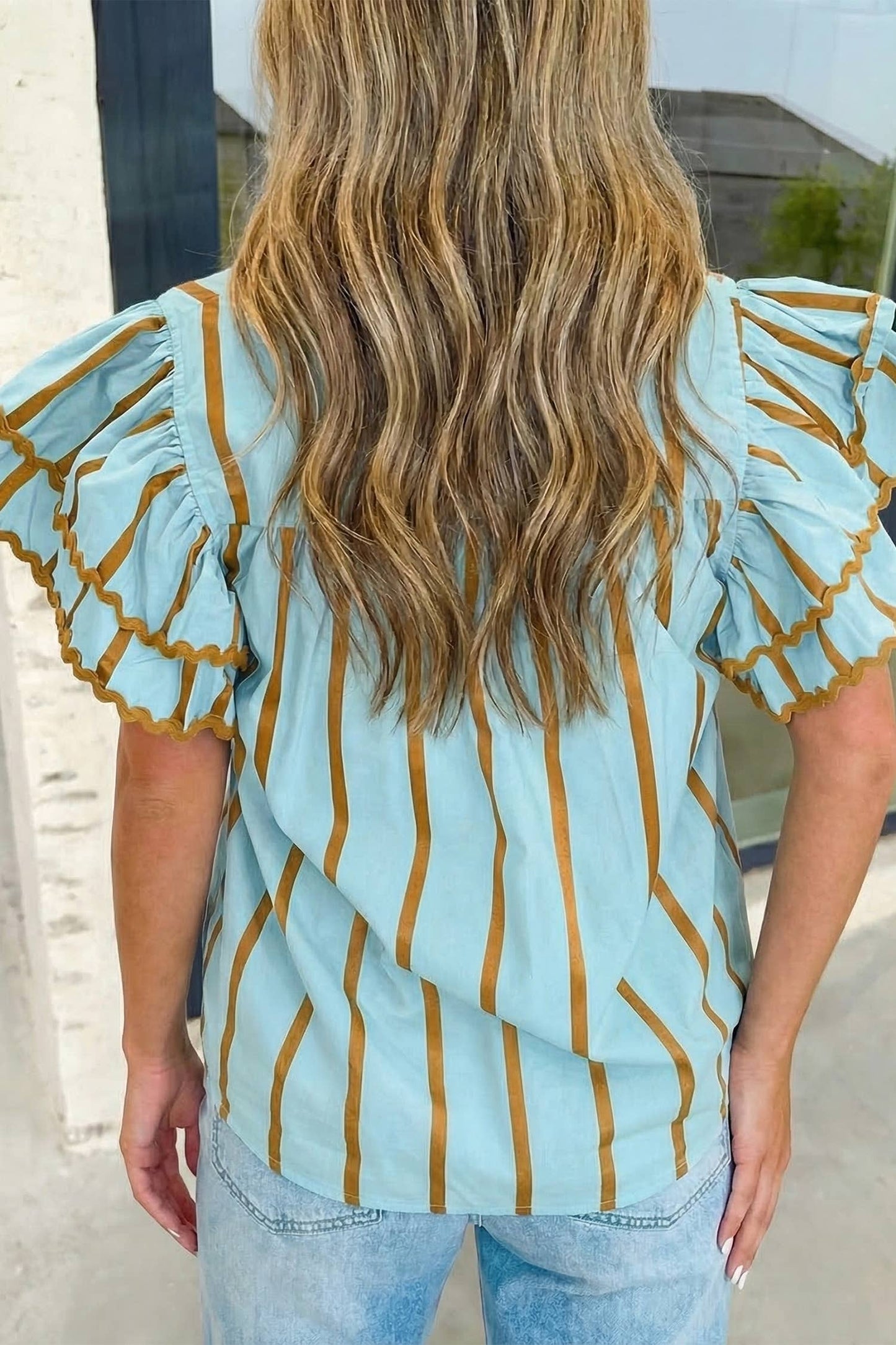 Stripe Trim Ruffle V Neck Blouse