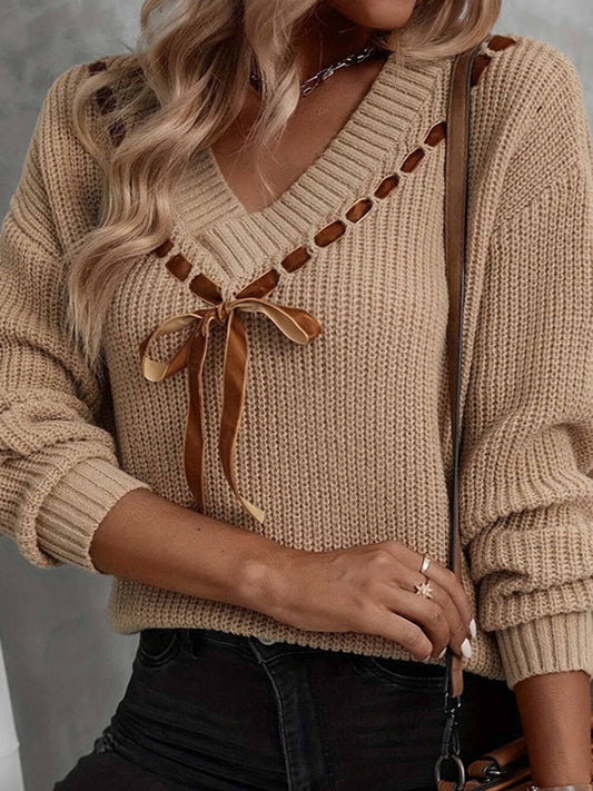 V-neck Bow Tie Tie Pullover Top