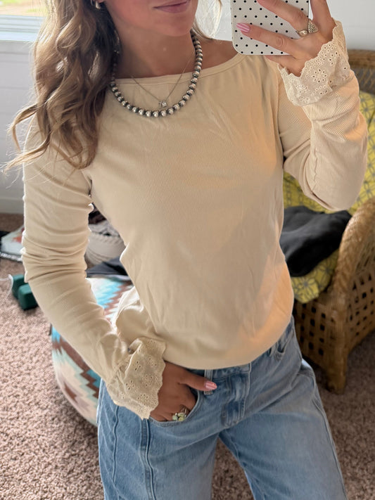 Boat neck Lace Cuff Long Sleeve Top