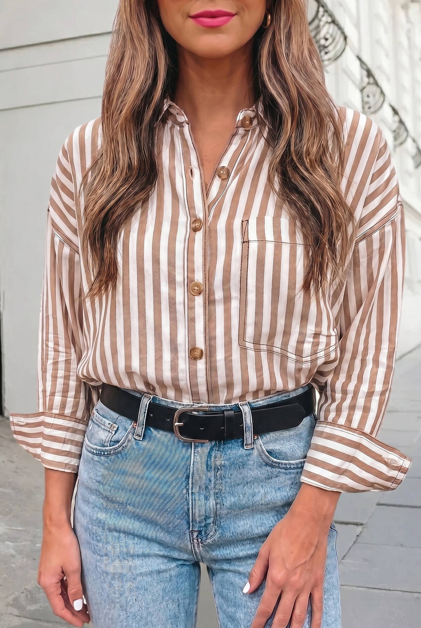 Brown and white striped button down