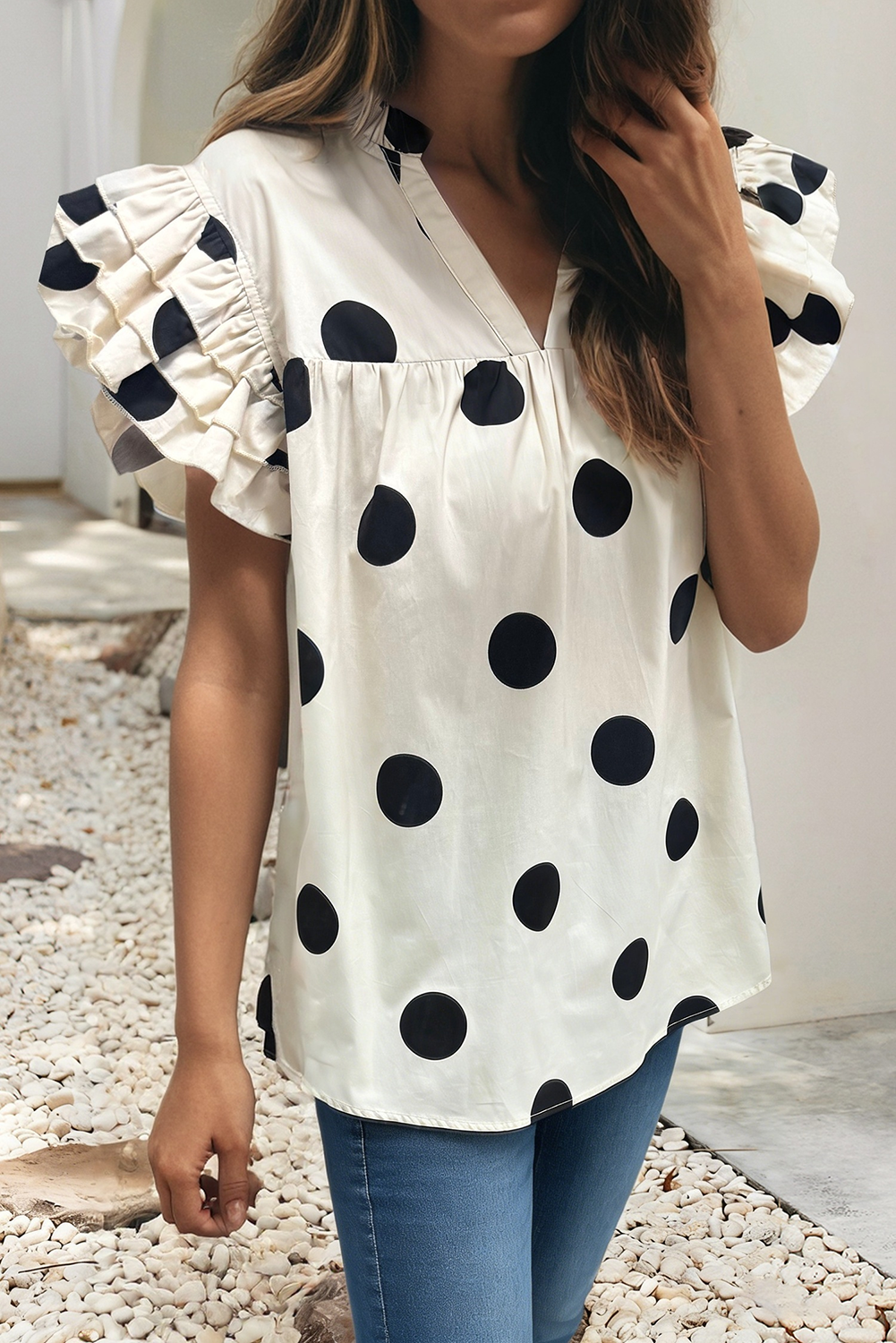 Polka Dot Ruffle Sleeve Blouse