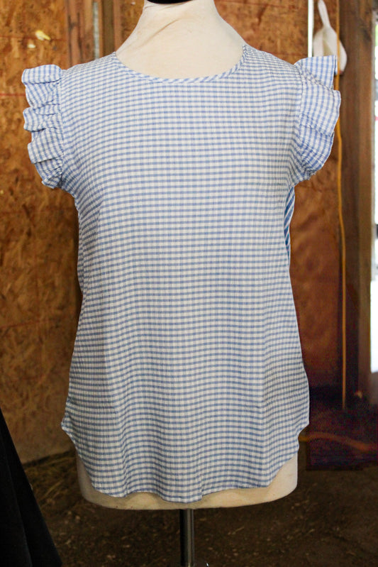 Round neck plaid ruffled sleeve t-shirt