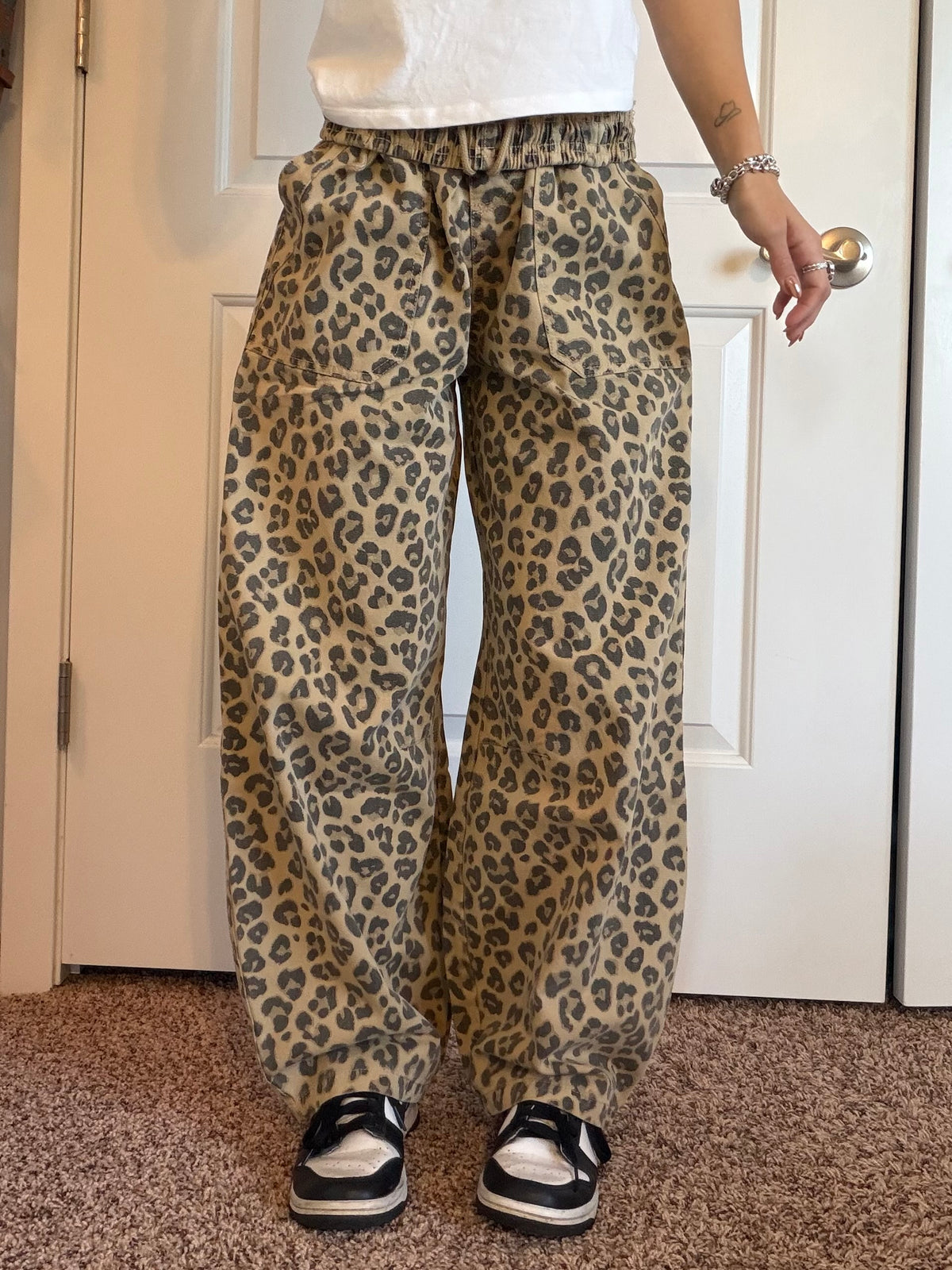 Leopard print drawstring barrel jeans
