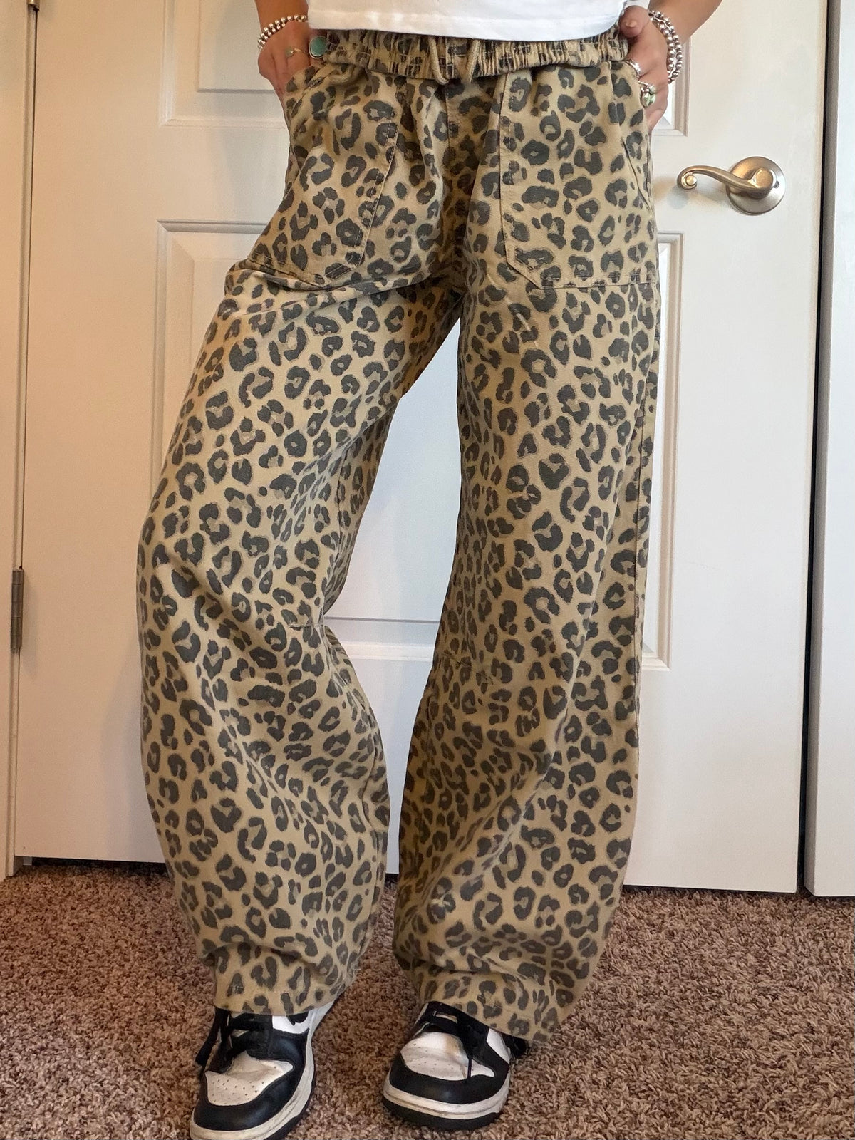 Leopard print drawstring barrel jeans