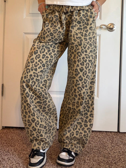 Leopard print drawstring barrel jeans