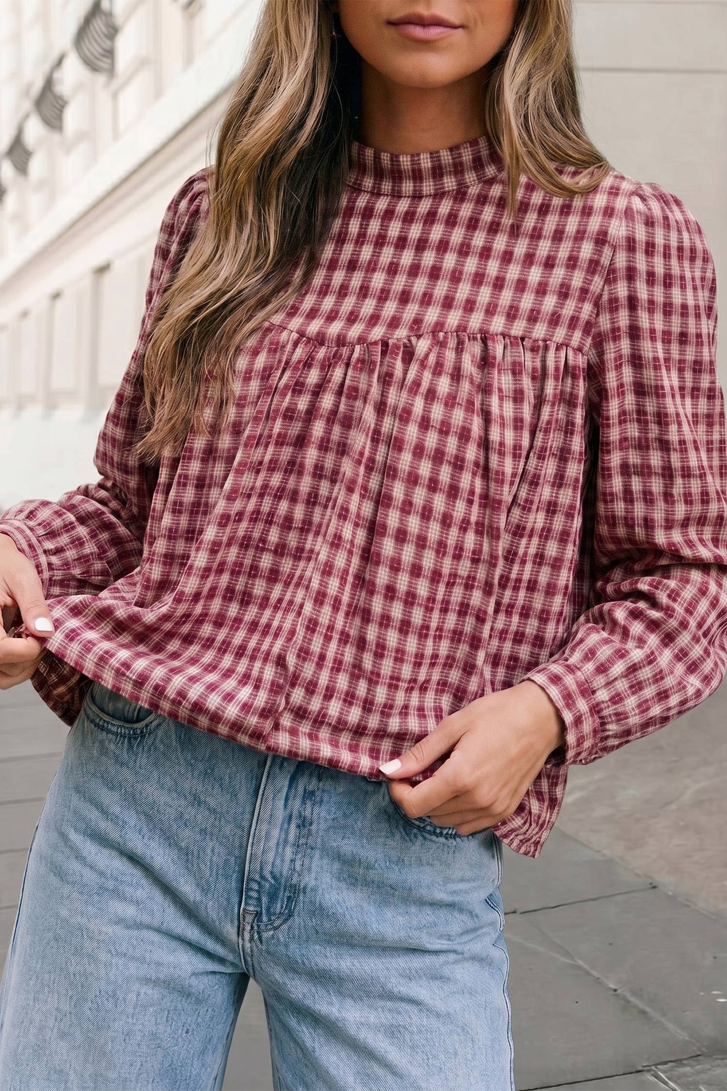 Plaid Long Sleeve Pleated Round Neck Shift Top