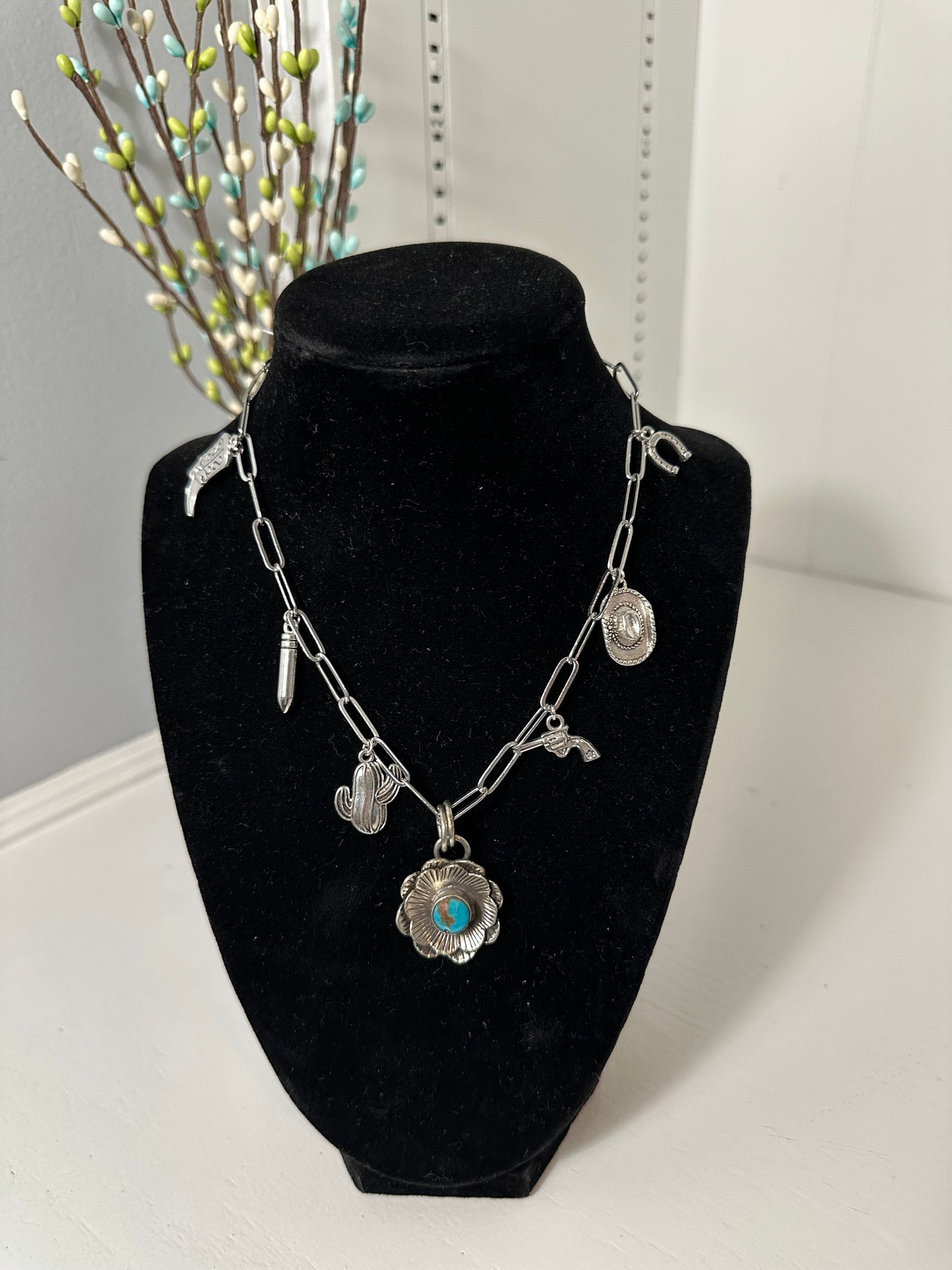 Charm necklace with flower turquoise pendant