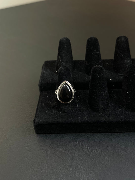 Pear shaped black onyx ring