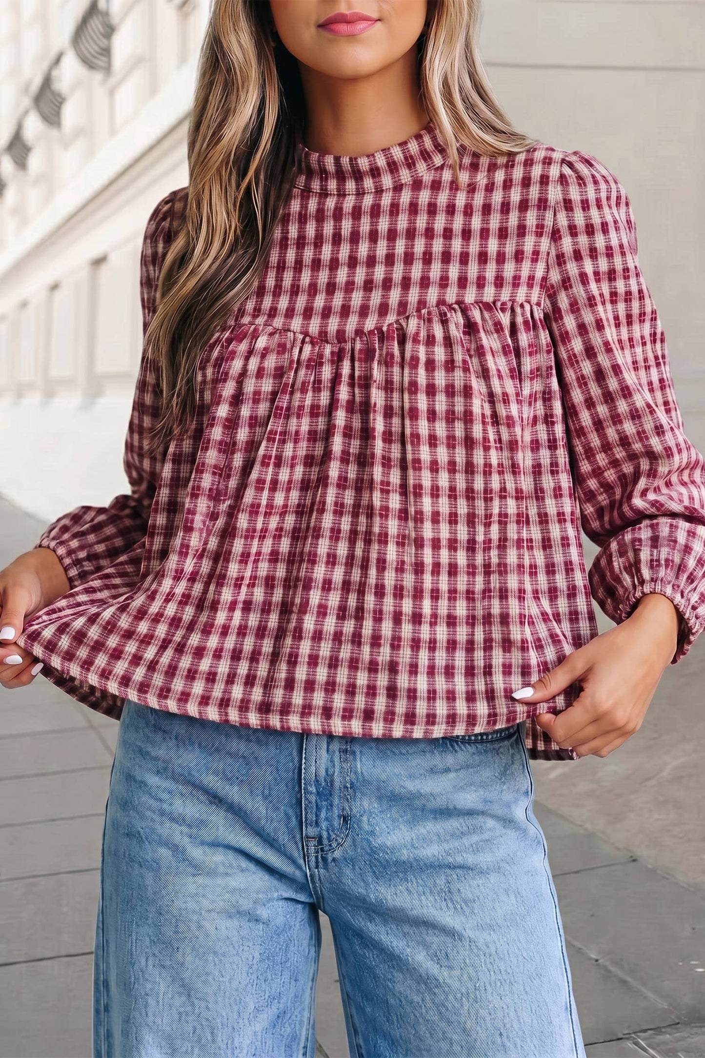 Plaid Long Sleeve Pleated Round Neck Shift Top