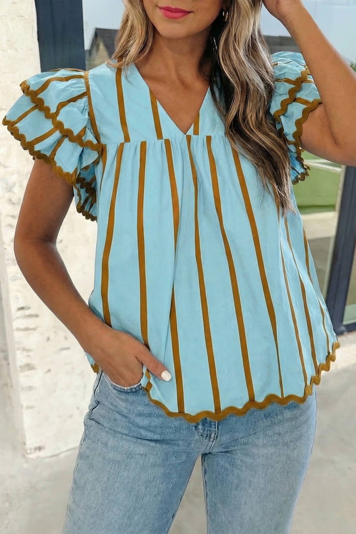 Stripe Trim Ruffle V Neck Blouse