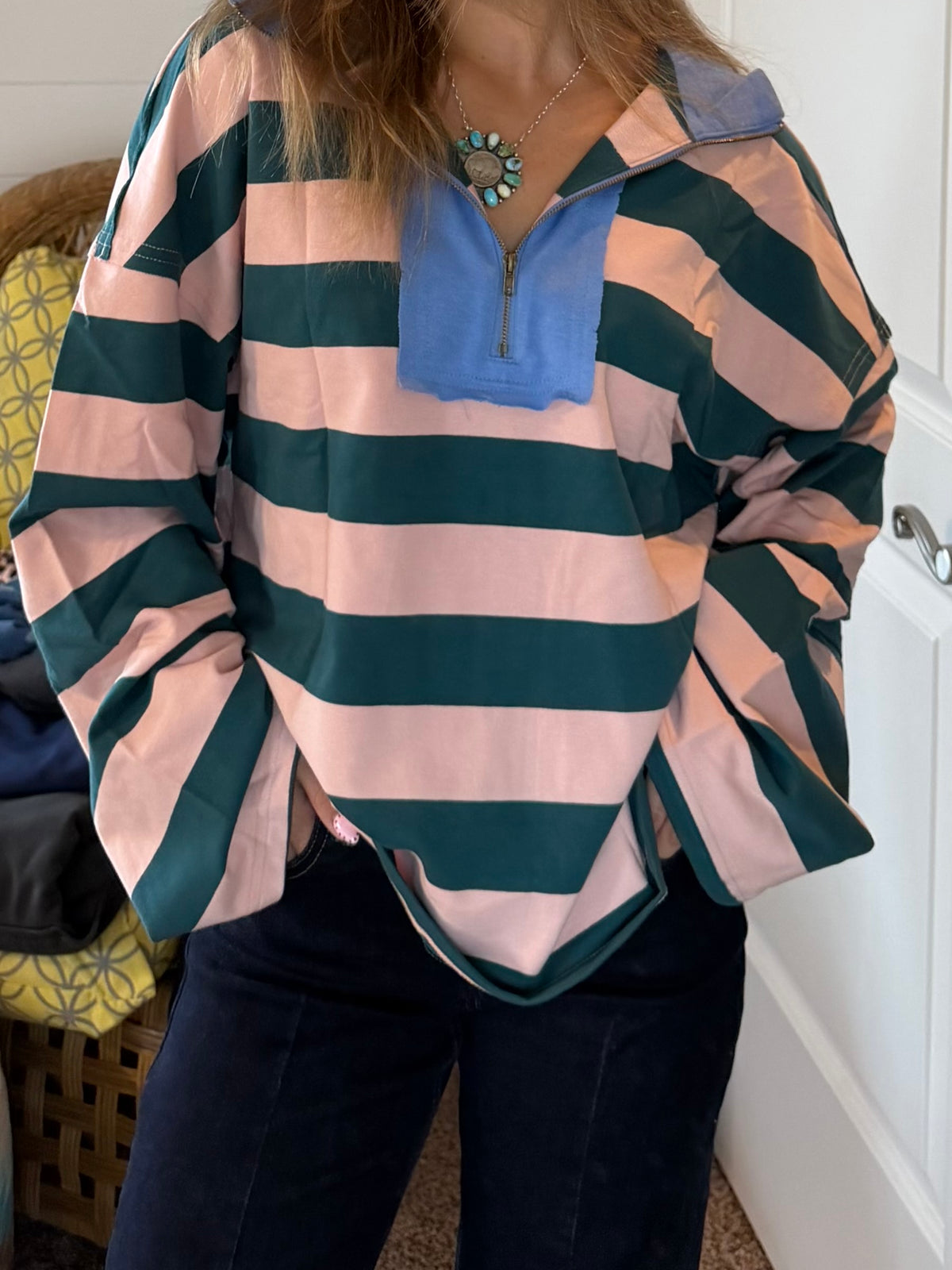 Green and pink Striped Quarter-Zip