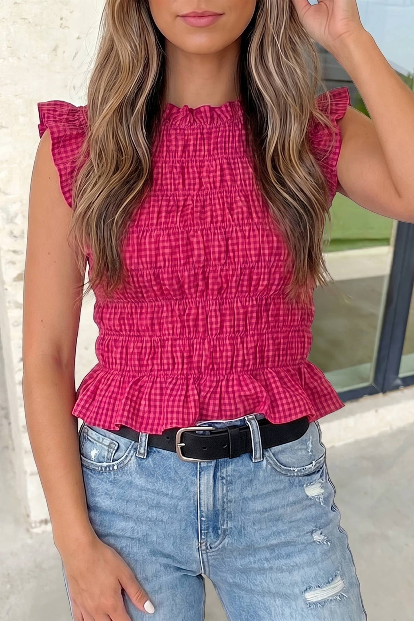 Red plaid ruffle top