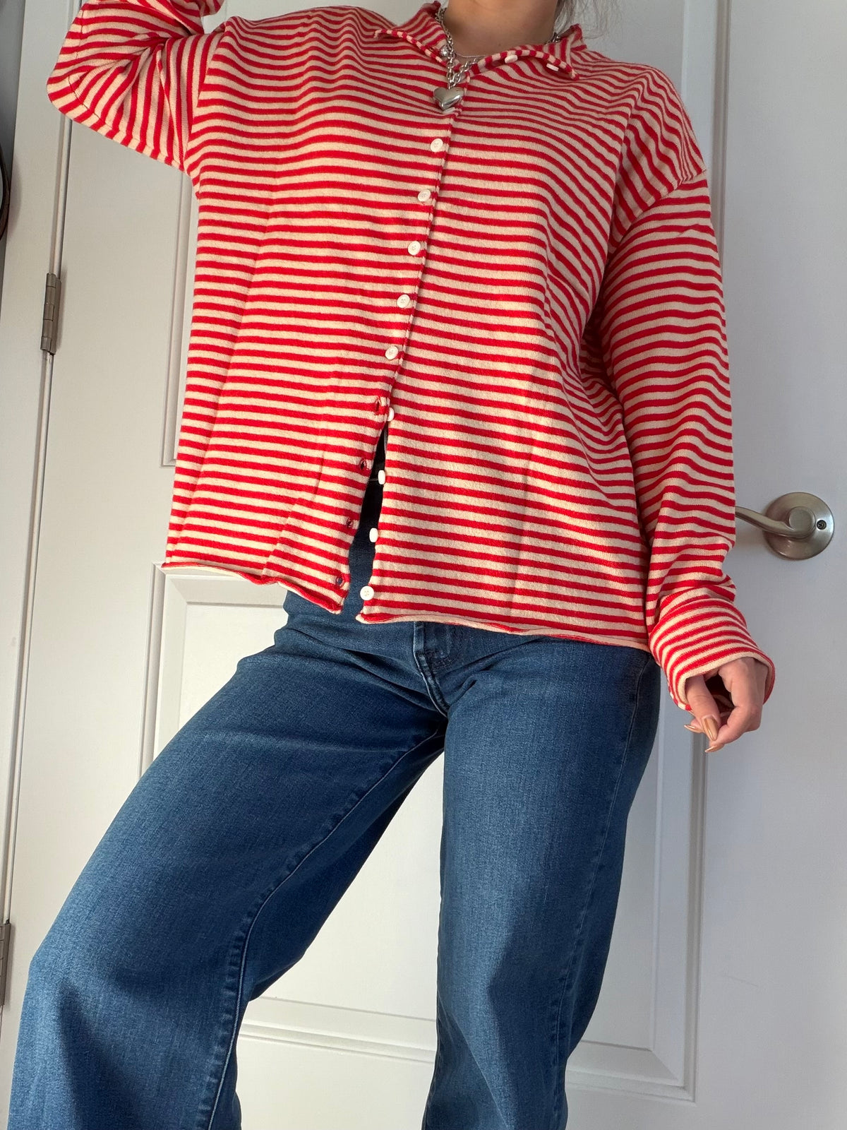 Red and tan button up long sleeve